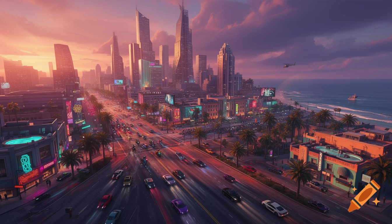 Aerial view of a bustling coastal city street at sunset with heavy traffic, palm trees, and modern skyscrapers in a realistic style.