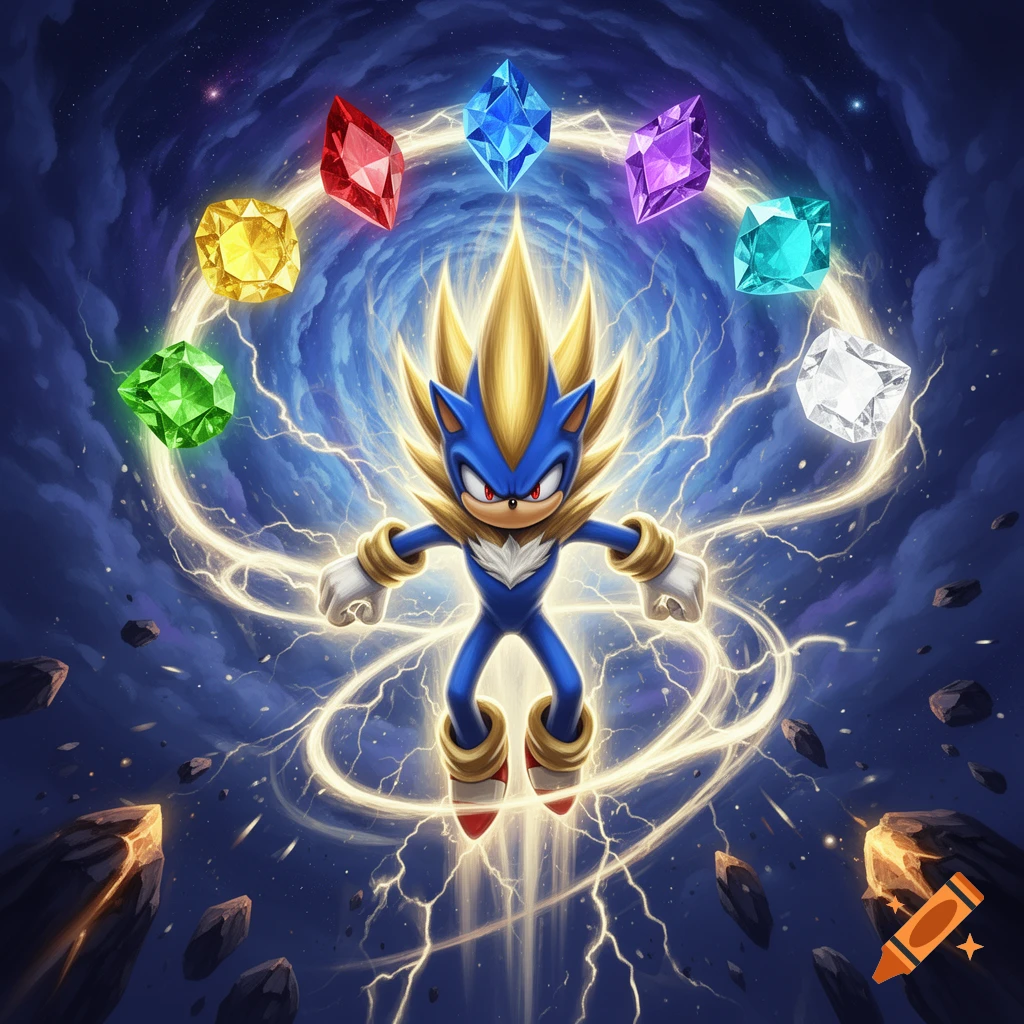 Hyper Sonic levitating in the center with all seven glowing Chaos Emeralds floating in a circle around him against a dark cosmic background with lightning.