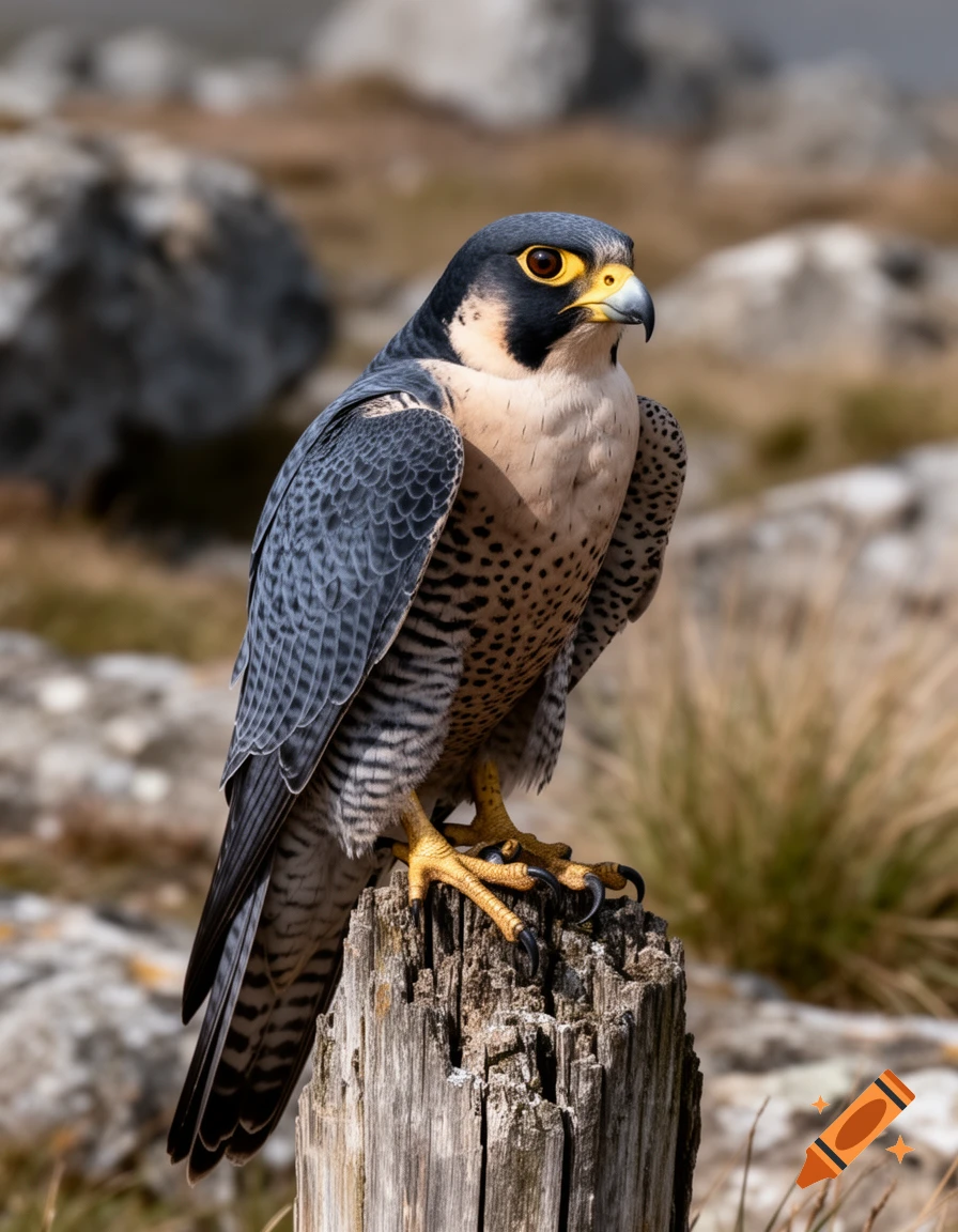 Photorealistic image of a peregrine falcon perched on a weathered wooden post outdoors.