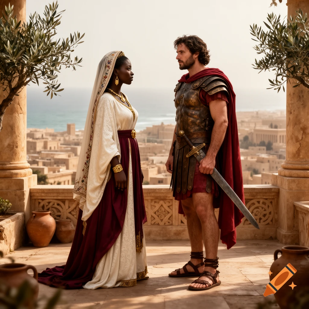 Photorealistic depiction of Dido and Aeneas standing on a classical balcony overlooking an ancient city and the sea.