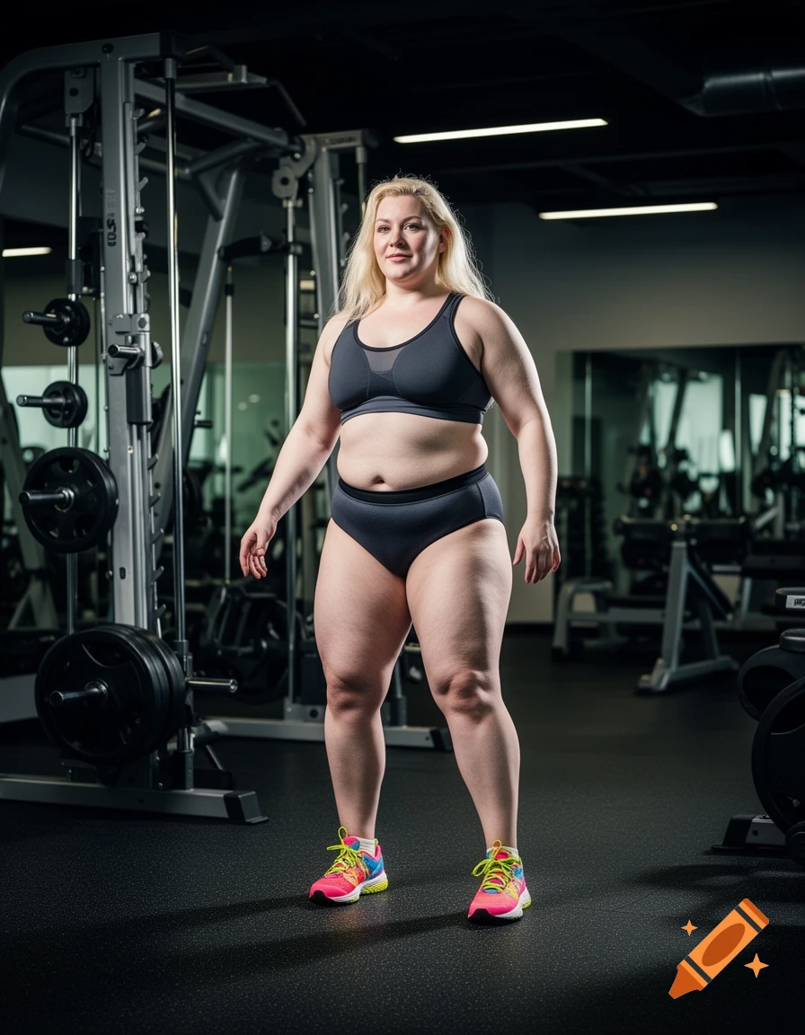 Photorealistic full-body shot of a plus-size blonde woman in a gym wearing a sports bra and athletic briefs.