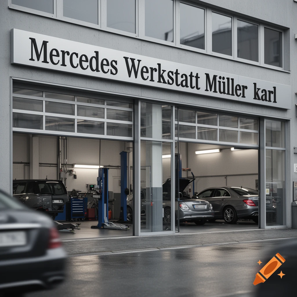 Photorealistic exterior view of a Mercedes workshop named Müller karl with open garage doors showing cars inside.