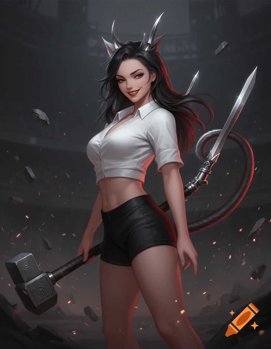 Digital illustration of a confident woman with black hair, cat ears, holding a large war hammer and a polearm in a dark arena.