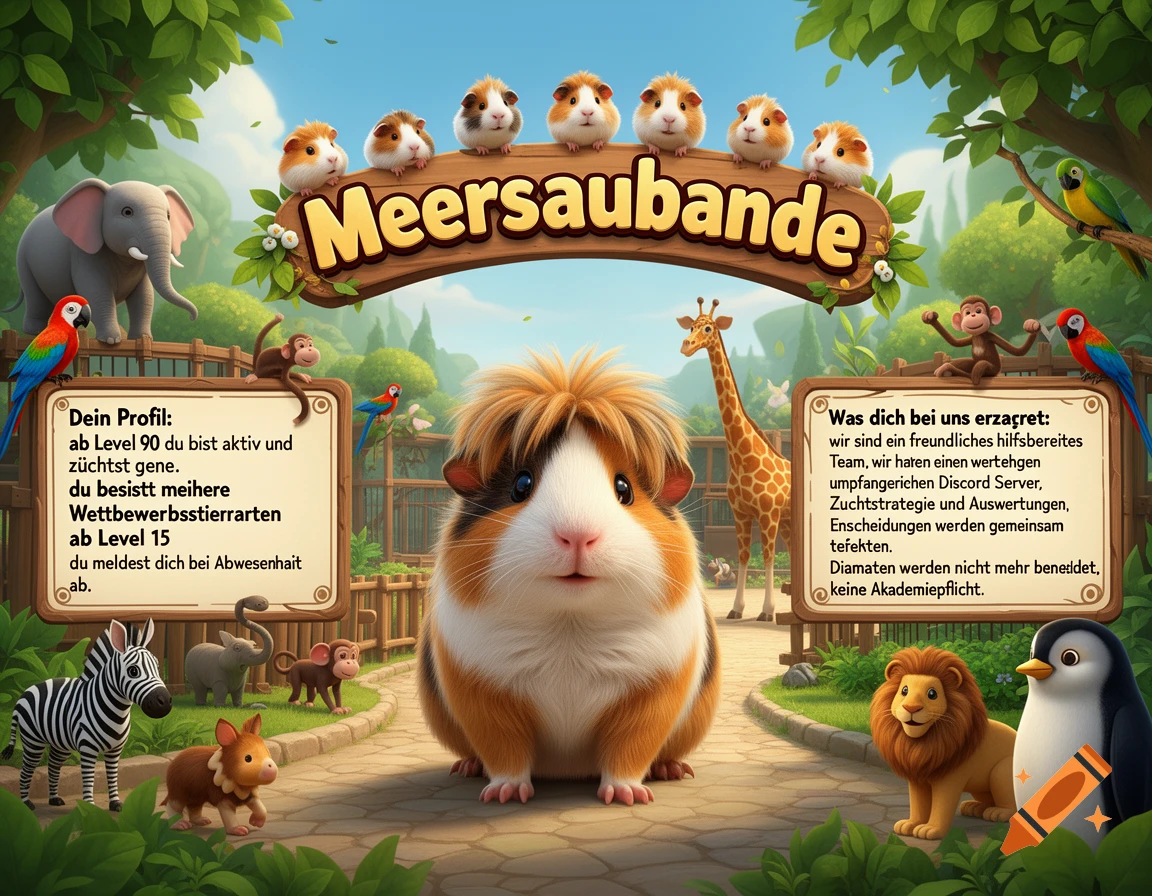 3D cartoon style image of a central guinea pig in a zoo with signs and various zoo animals in the background.