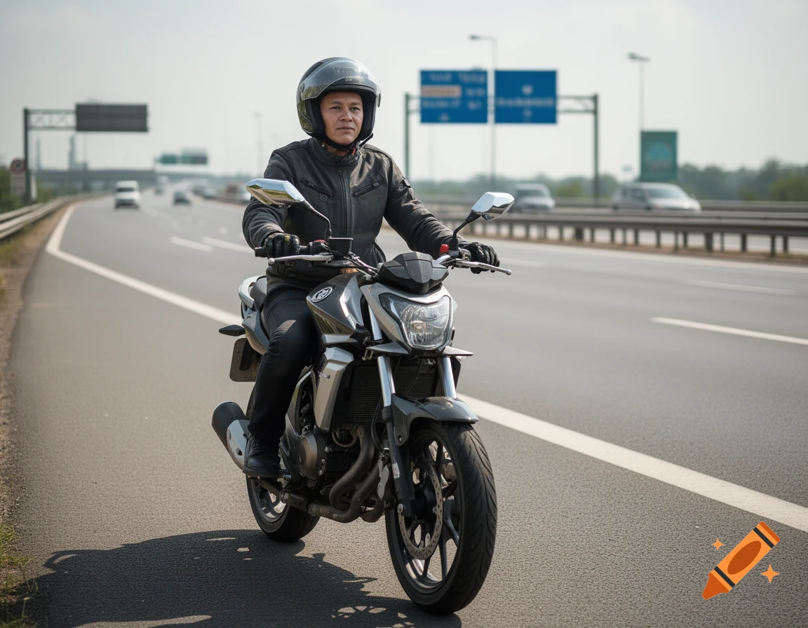 A man wearing a helmet and a leather jacket rides a motorcycle on a highway.