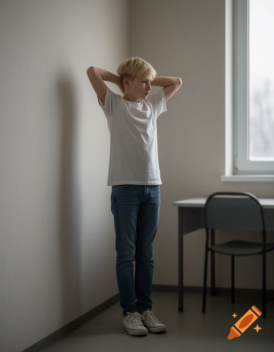 A young blonde boy in a white t-shirt and jeans standing in the corner of a room, hands behind his head.