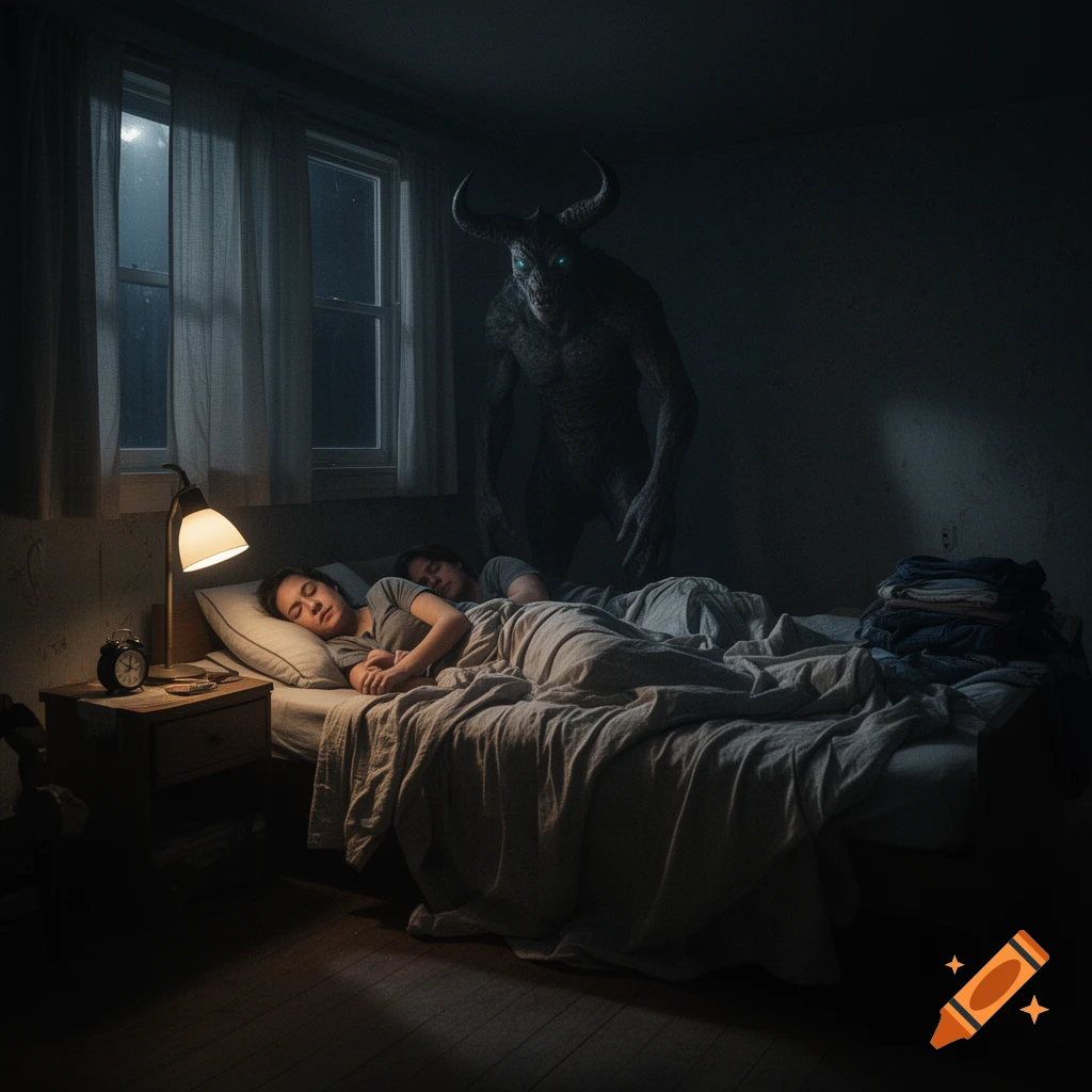 A photorealistic horror scene of a dark bedroom at night where a horned demon monster stands over a bed watching a sleeping couple.