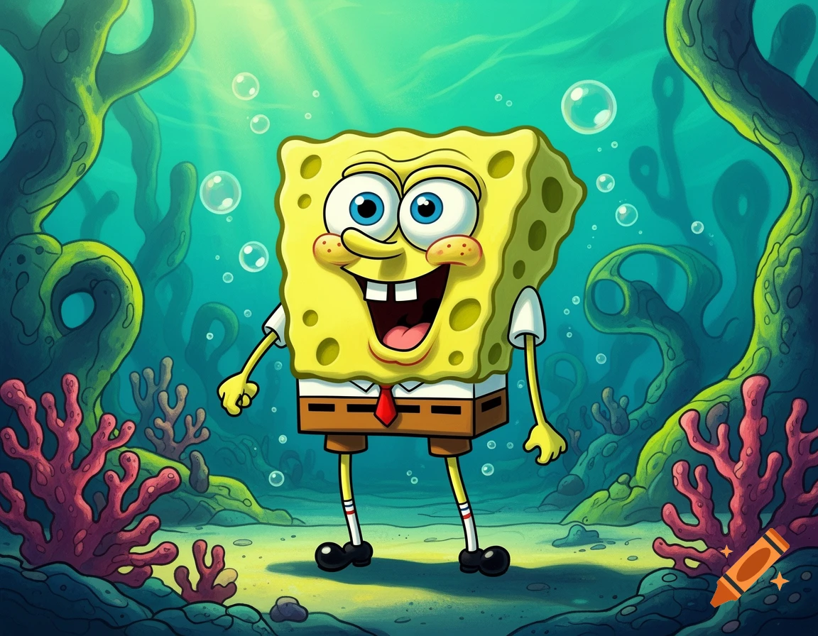 Spongebob Squarepants standing underwater among green kelp and pink coral in a cartoon style.