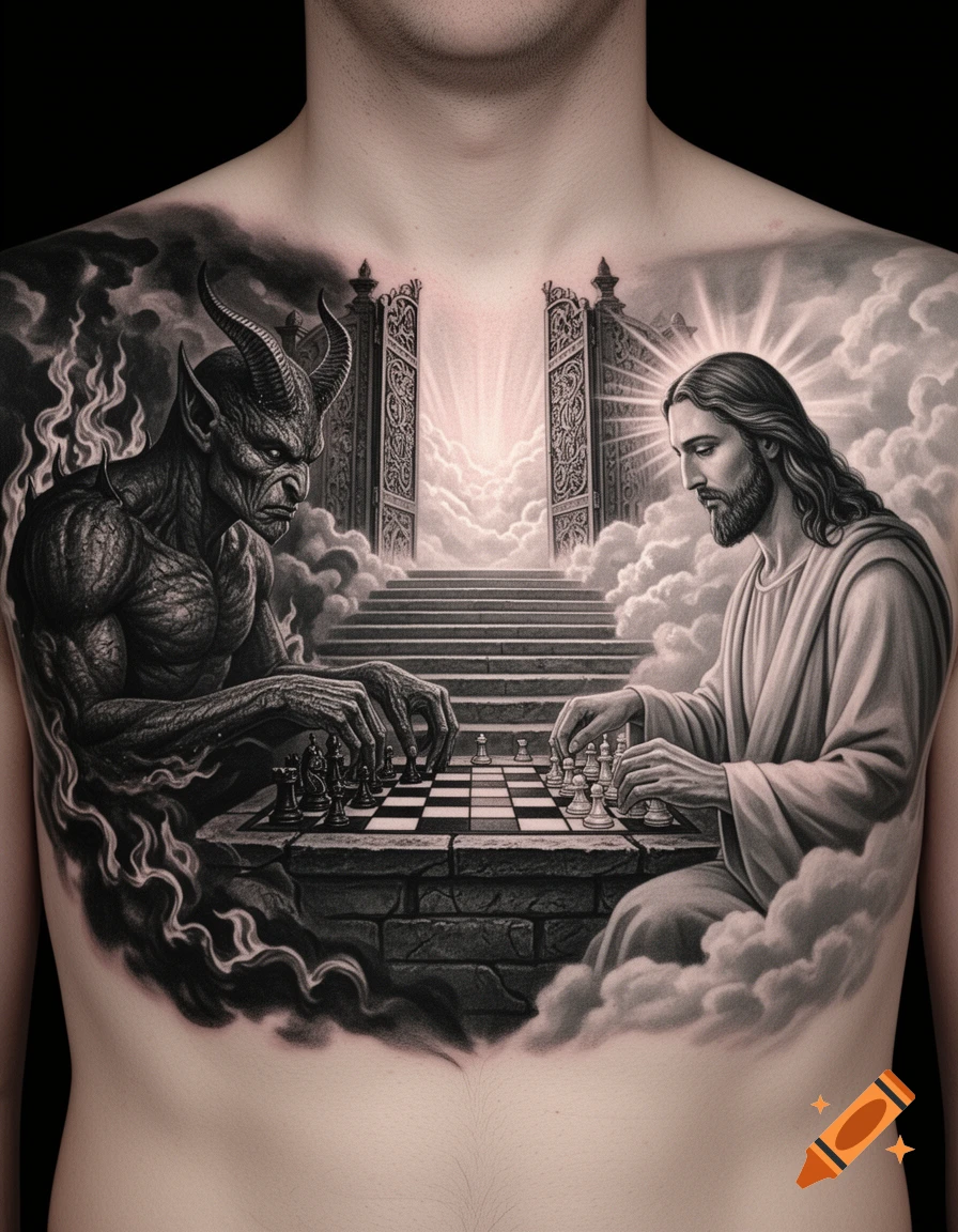Black and gray realistic chest tattoo depicting the devil and Jesus playing chess in front of heaven's gates.