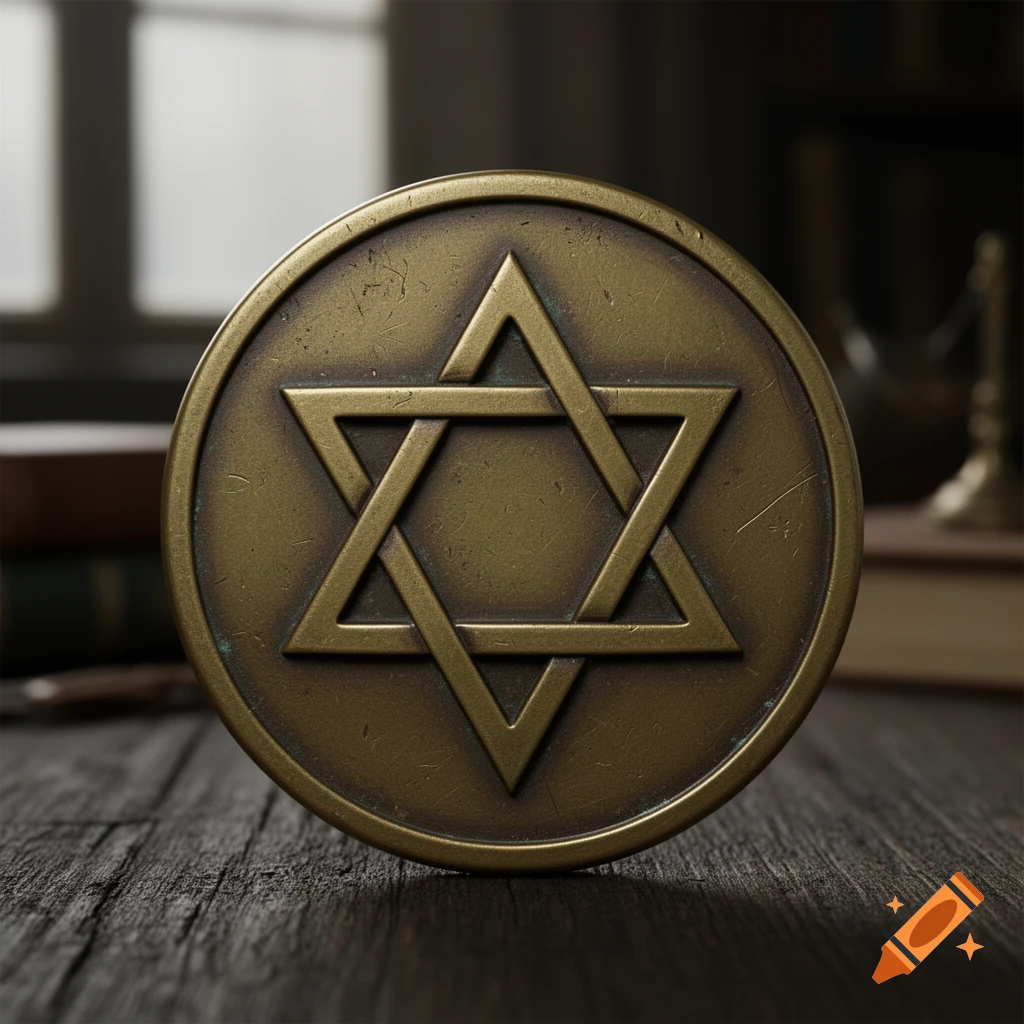 A close-up of a bronze-colored coin with the Star of David symbol on a wooden table.
