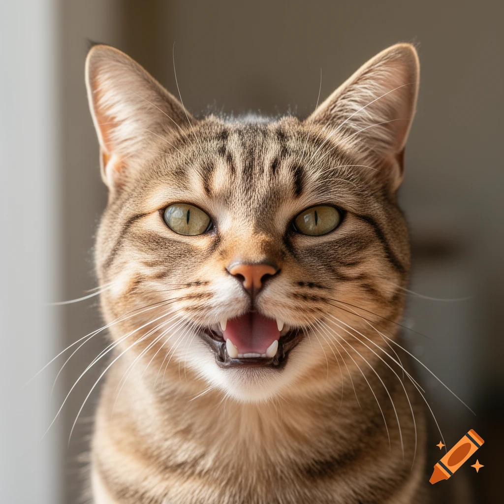 Close-up photorealistic portrait of a smiling tabby cat showing its teeth.