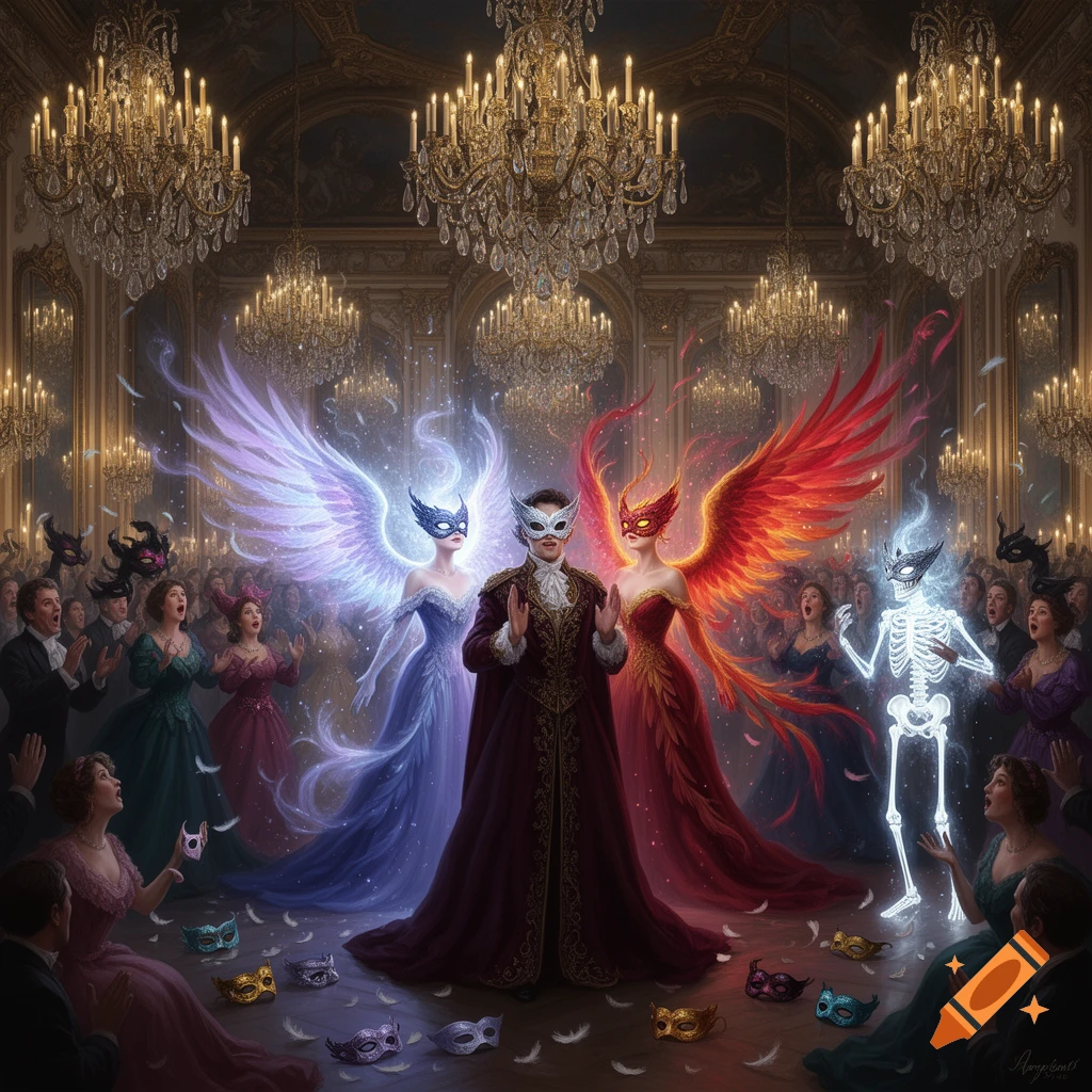 A masquerade ball with people revealing their true magical forms, including a winged angel, a fiery figure, and a skeleton.