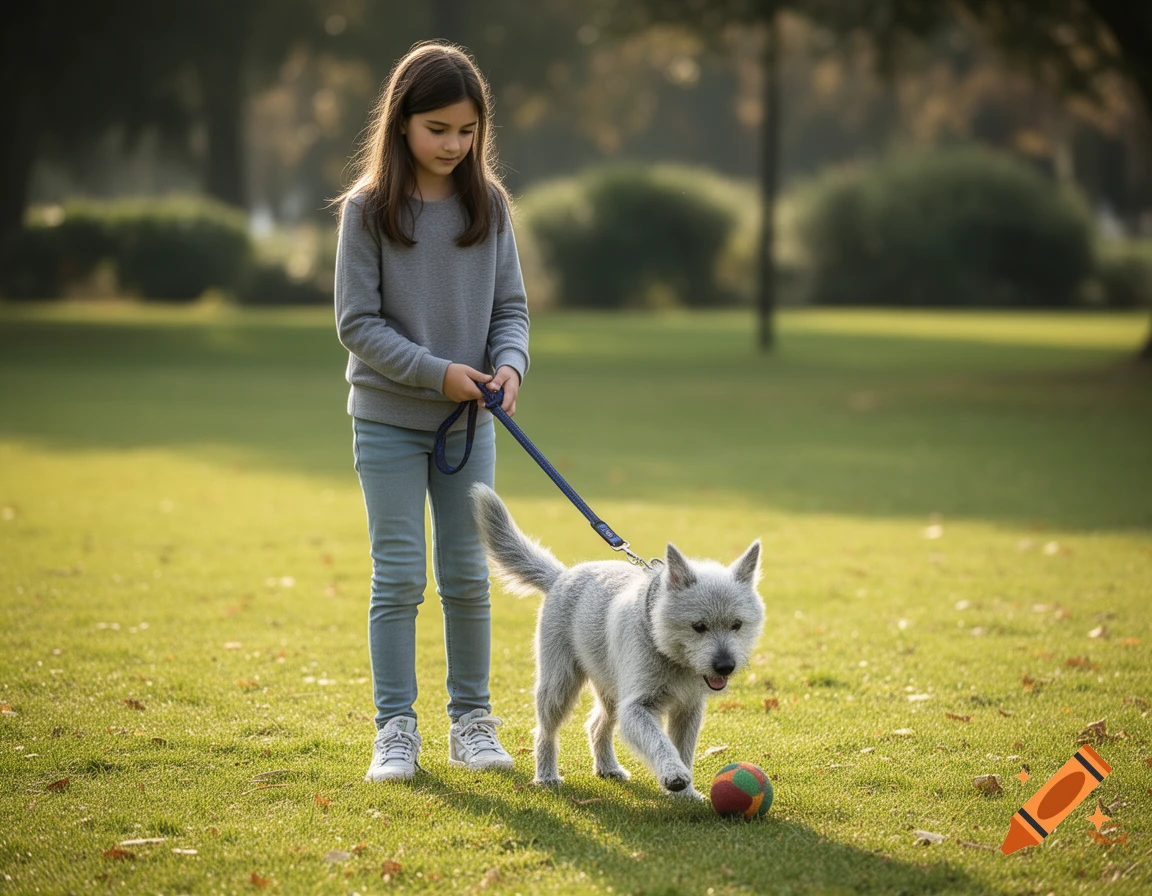Photorealistic image of a young girl holding a silver dog on a leash in a sunny park as it plays with a ball.