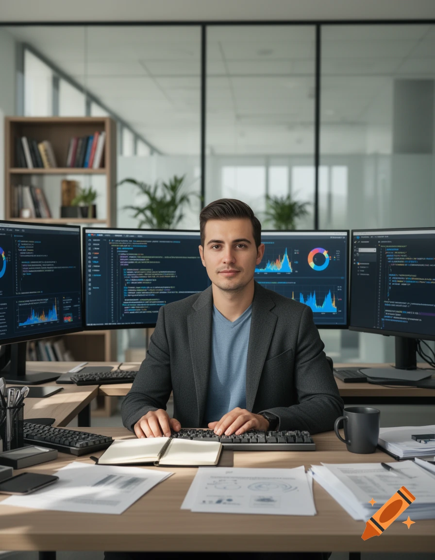 Photorealistic image of a young man working at a desk with multiple monitors displaying code and charts.