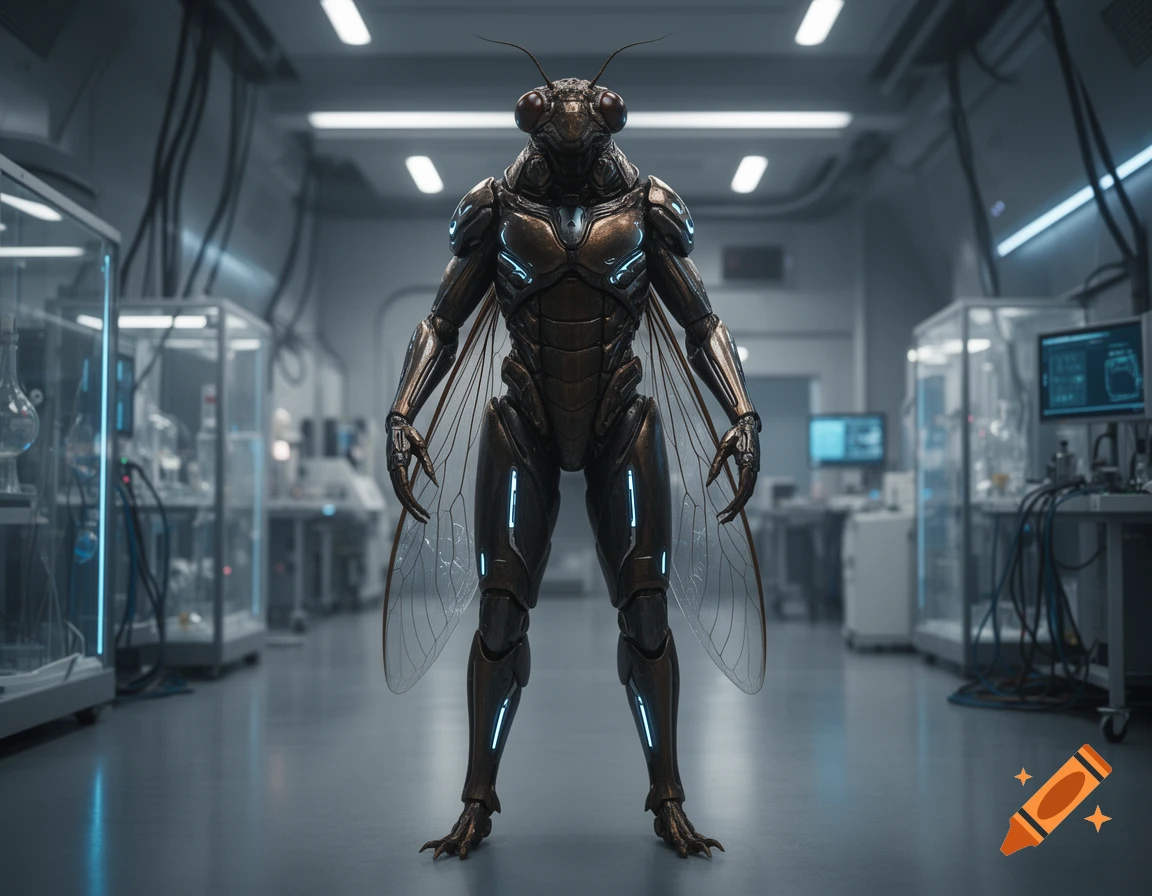 Photorealistic sci-fi humanoid cicada standing in a futuristic laboratory.