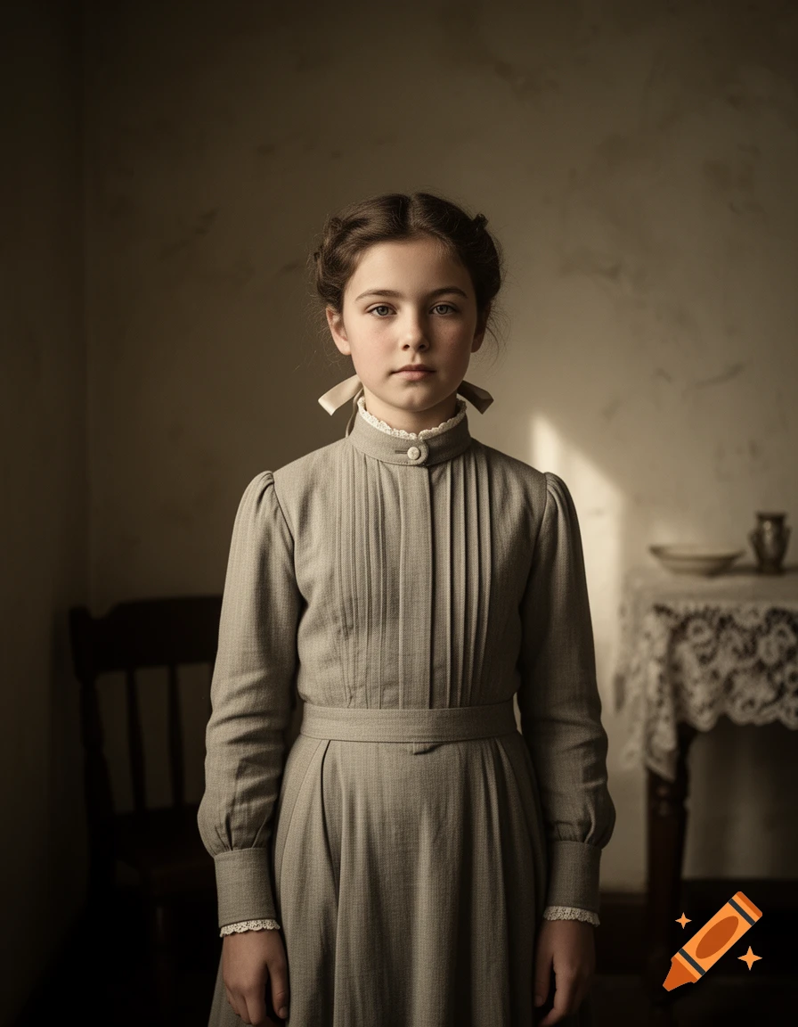 Portrait of an early 20th century girl wearing a grey dress with a high collar, standing indoors.
