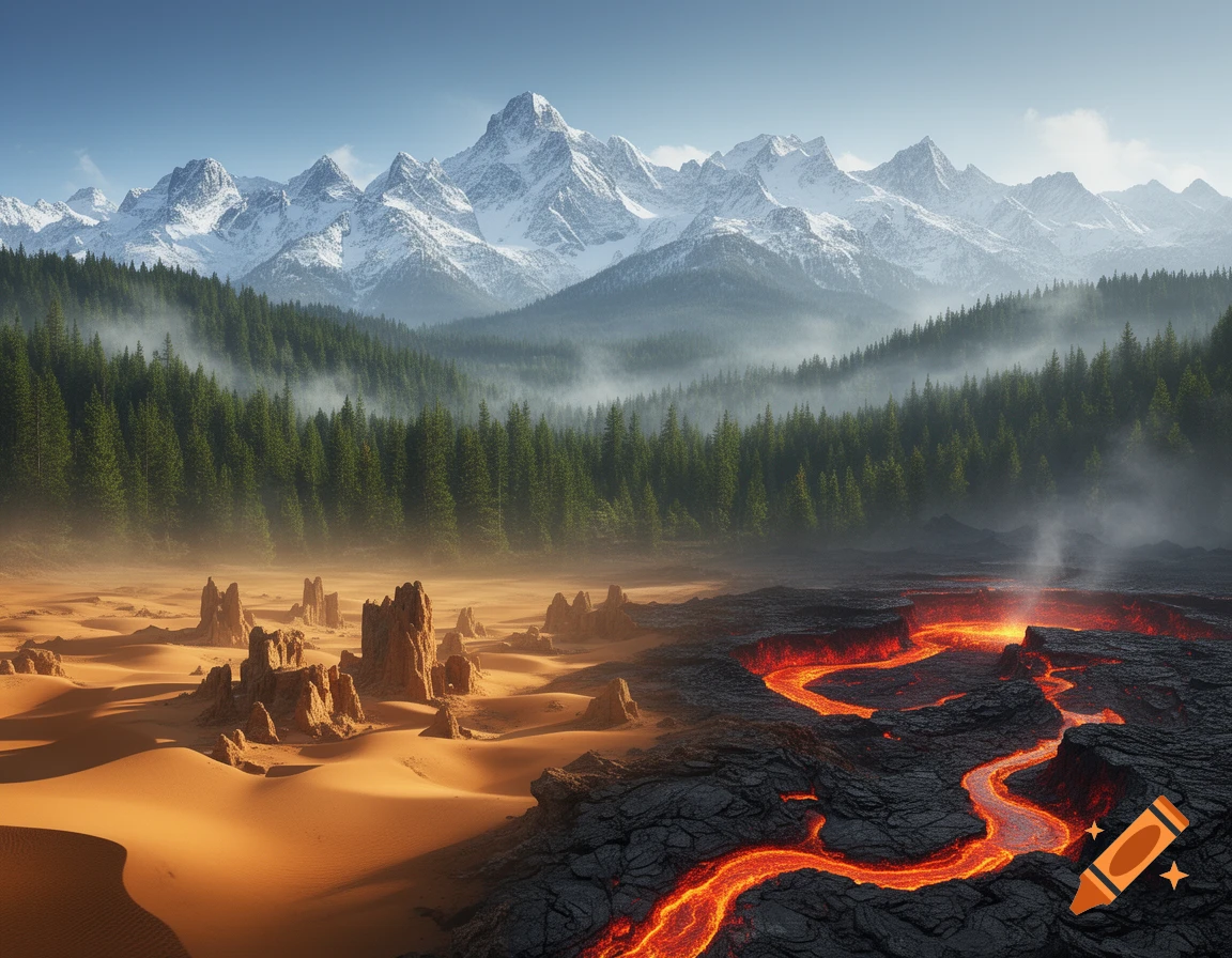Photorealistic landscape showing snowy mountains in the background, a green pine forest, and a split foreground with a desert on the left and a flowing lava river on the right.