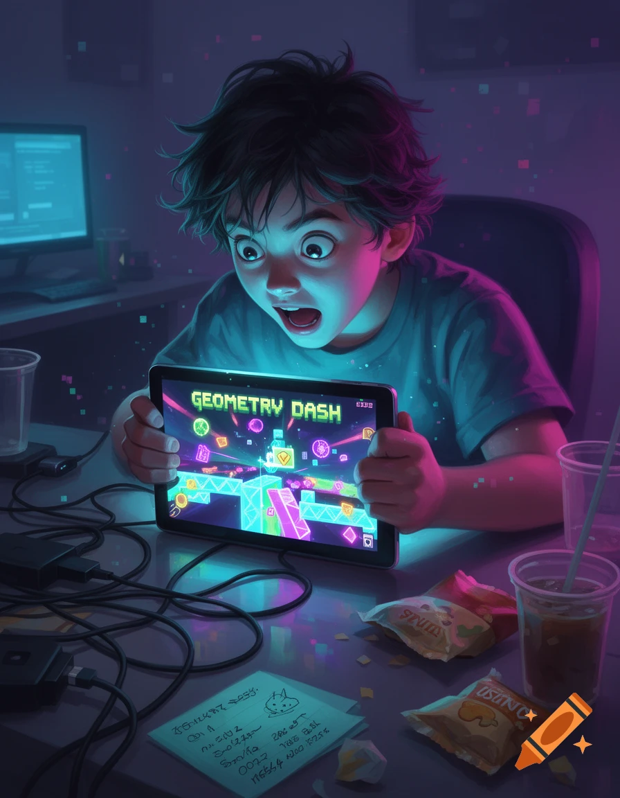 An animated illustration of an excited boy playing Geometry Dash on a glowing tablet in a dark room.