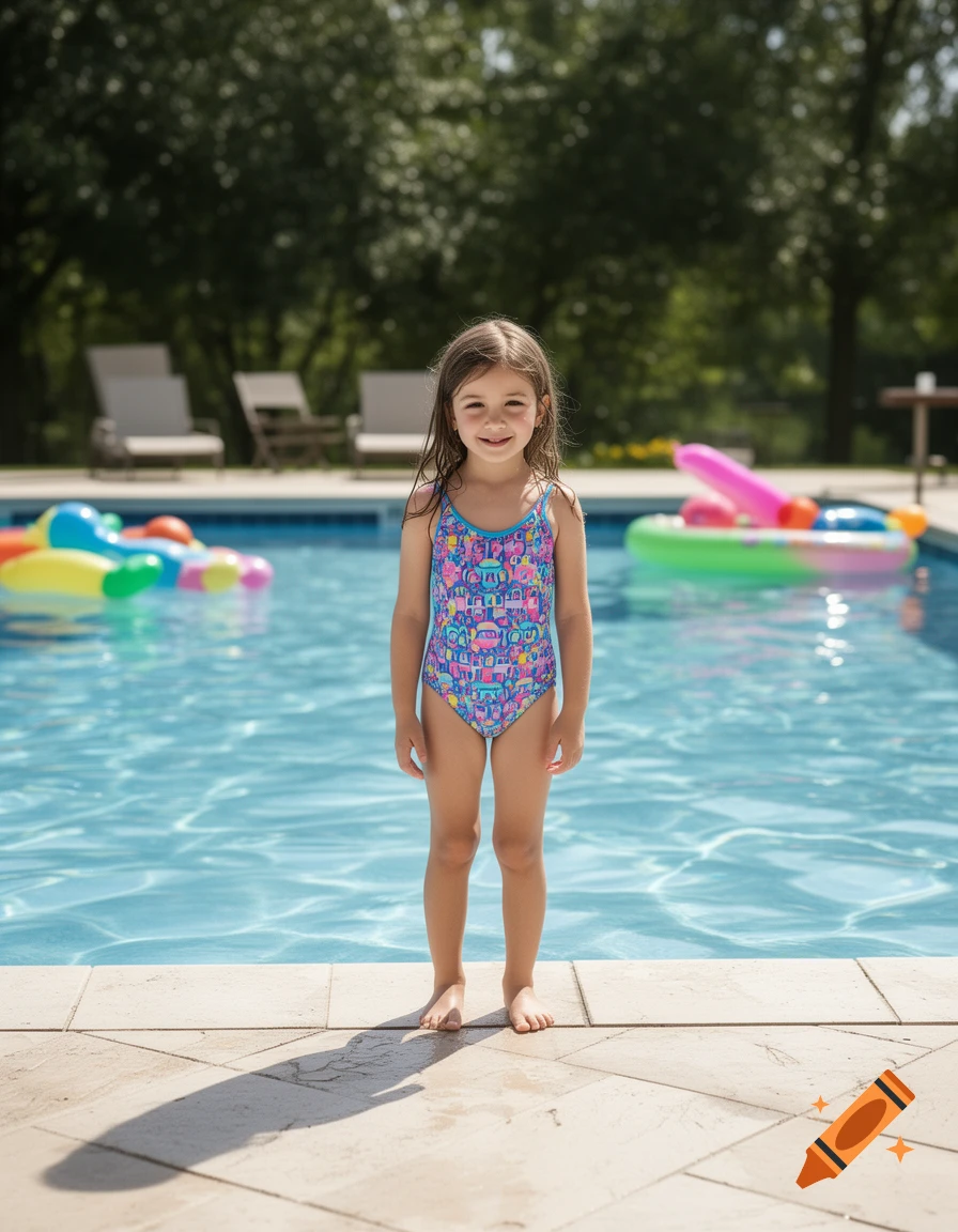 Photorealistic image of a small girl in a colorful swimsuit standing by the edge of a swimming pool with inflatables in the background.
