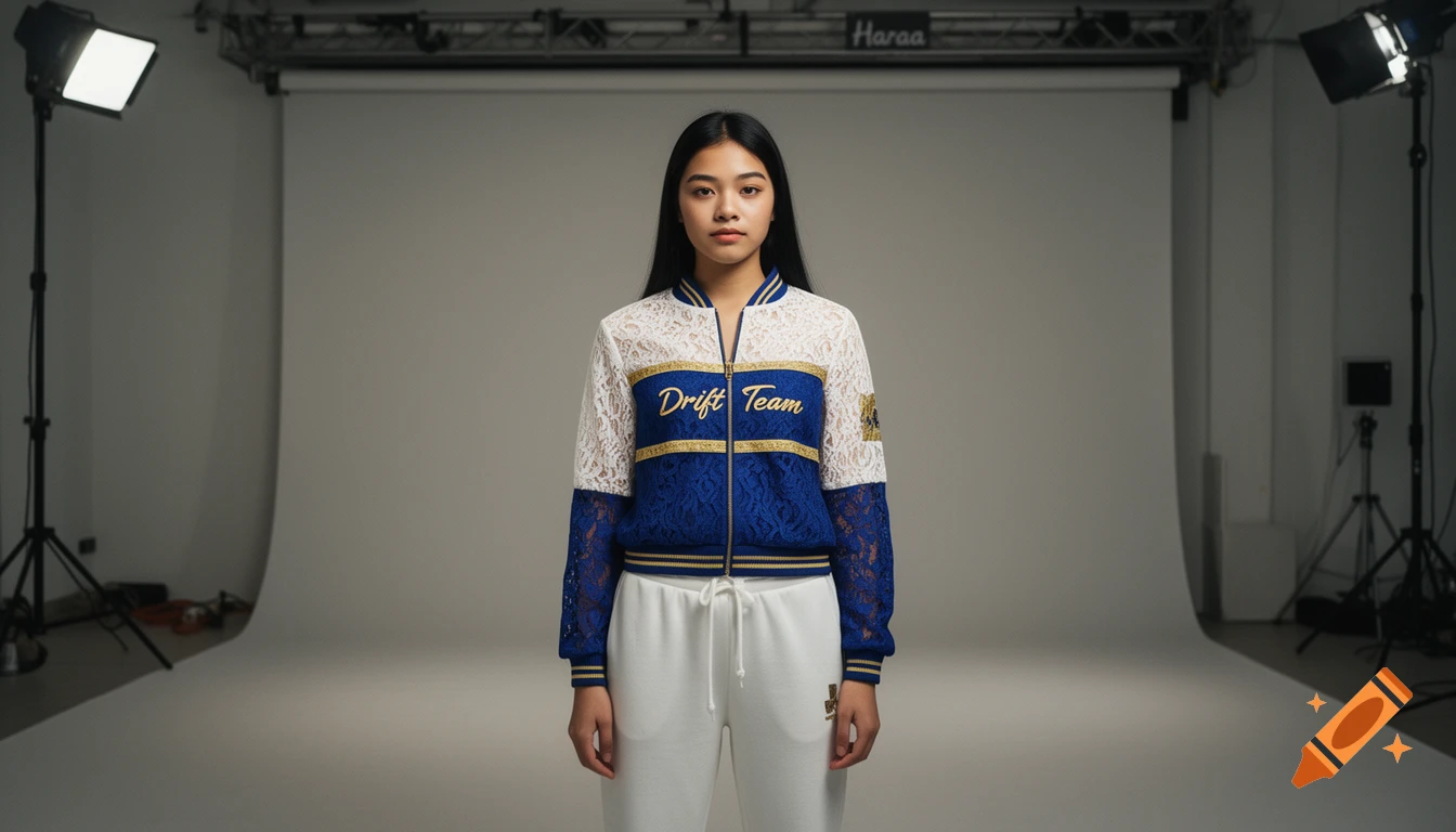 Photorealistic studio portrait of a 20-year-old woman with long black hair wearing a white and blue lace jacket and white sweatpants.
