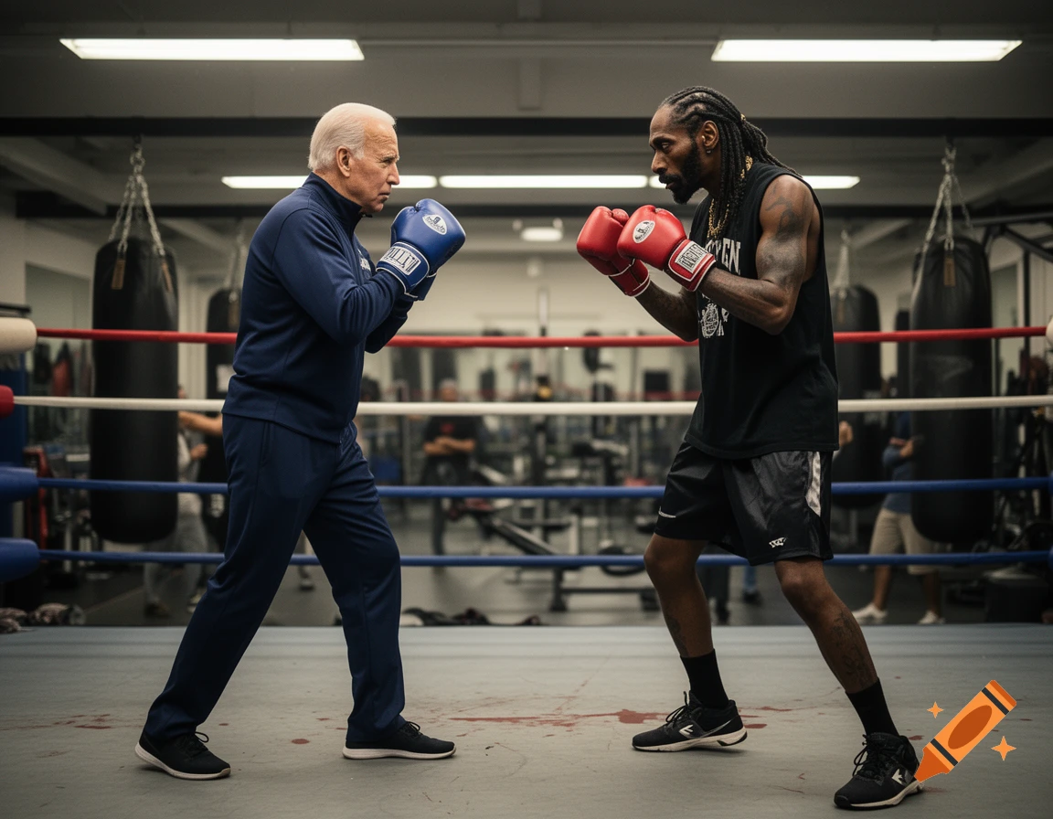 Photorealistic image of Joe Biden and Snoop Dogg boxing in a gym ring.