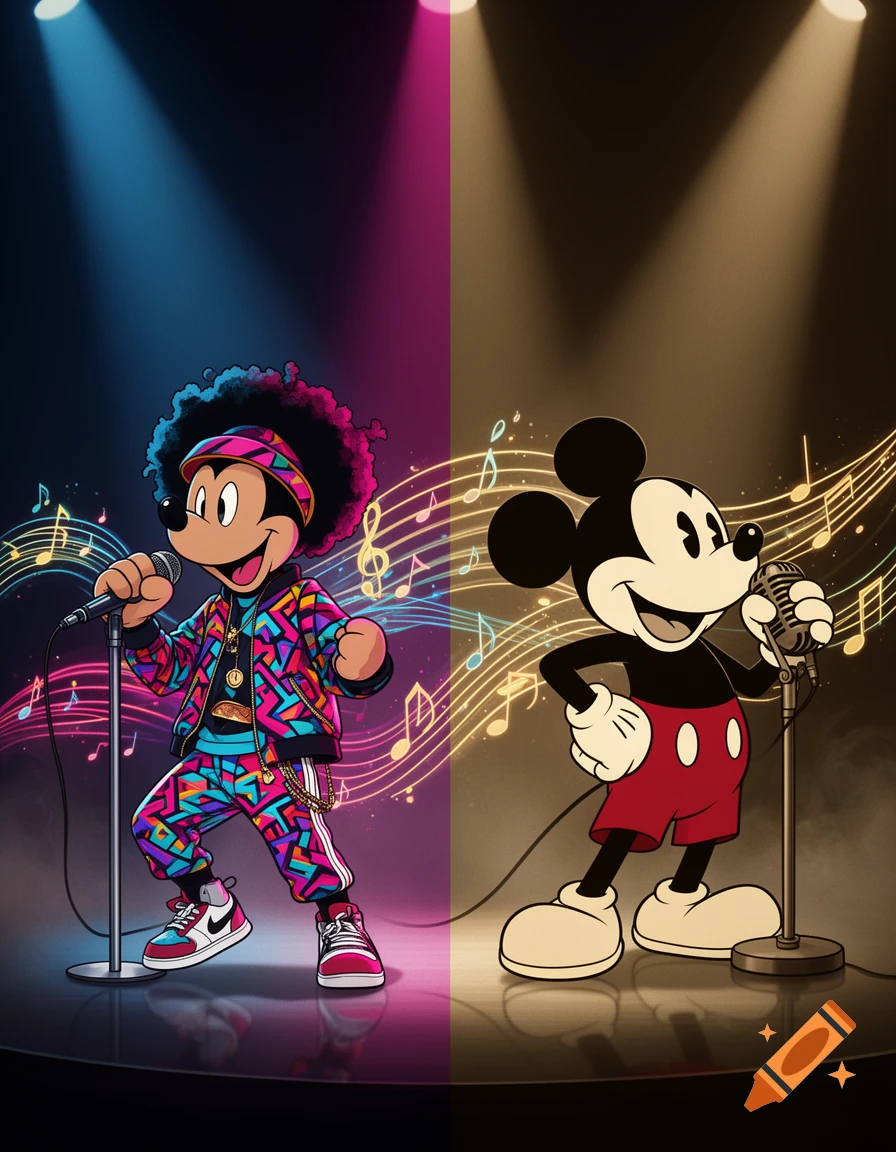 Split view illustration of Mickey Mouse: a modern version with an afro and colorful street wear on the left, and a classic version on the right, both singing into microphones on a stage with musical notes floating around.