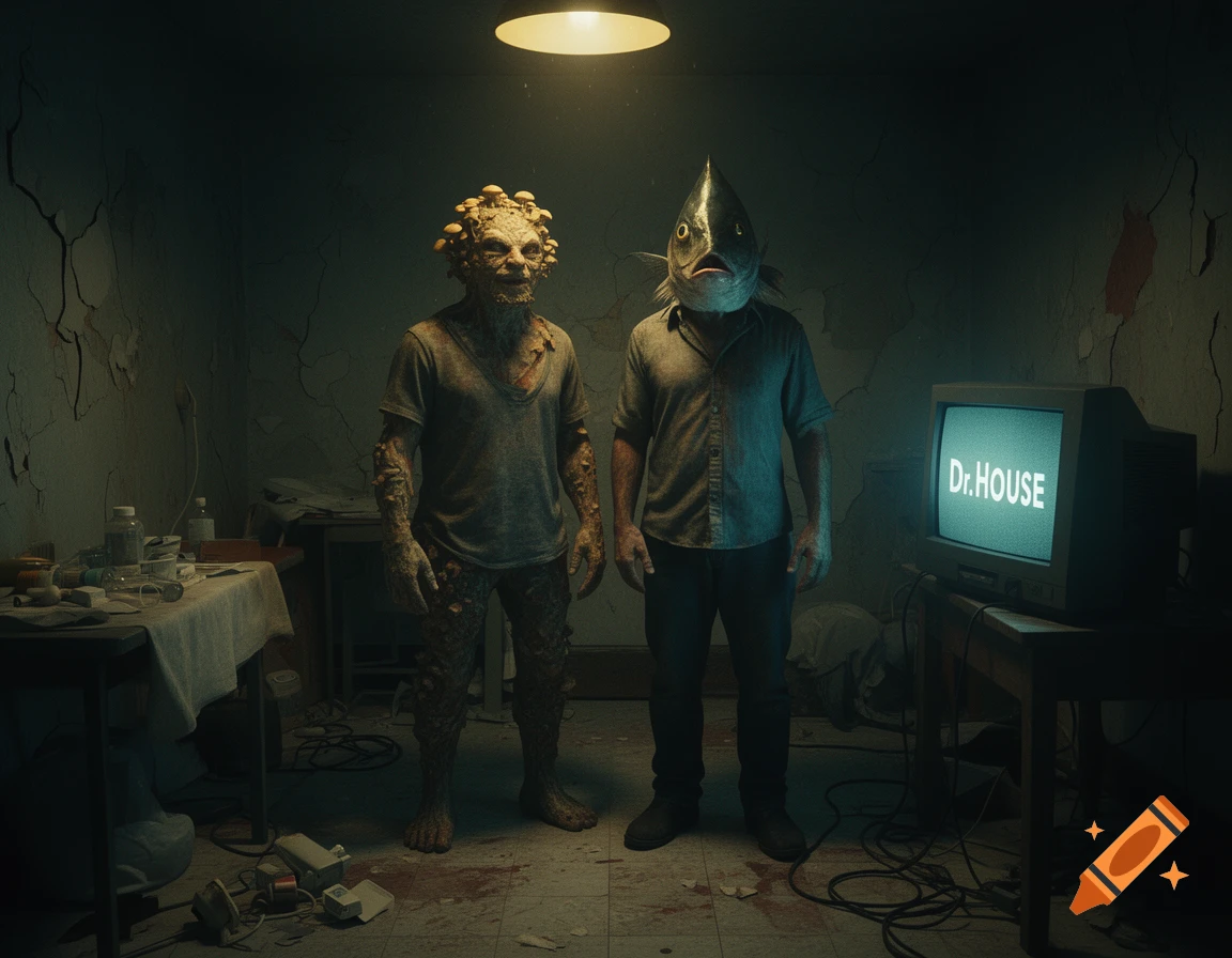 Cinematic photo of a mushroom-headed man and a fish-headed man standing in a dim, eerie room with a CRT television.