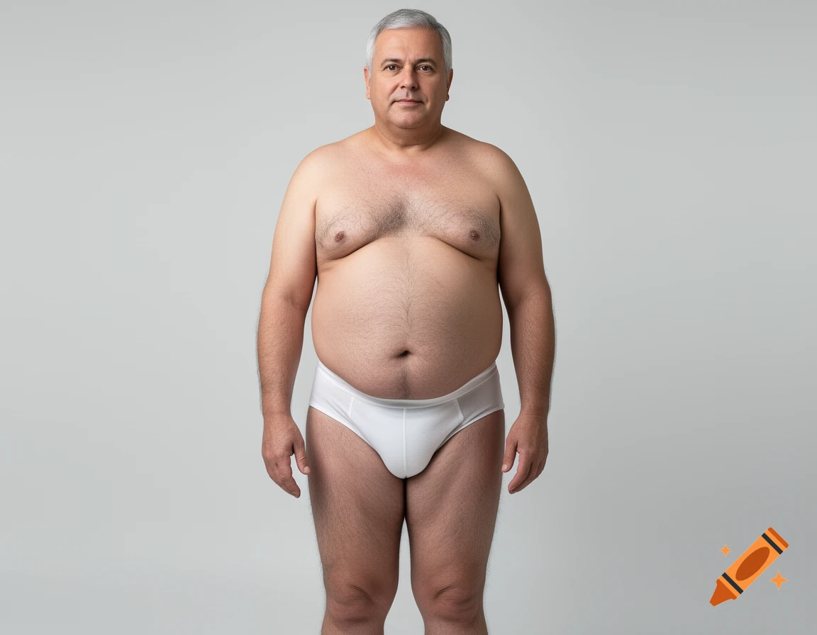 Full-body studio portrait of a mature, overweight man with grey hair wearing white underwear.