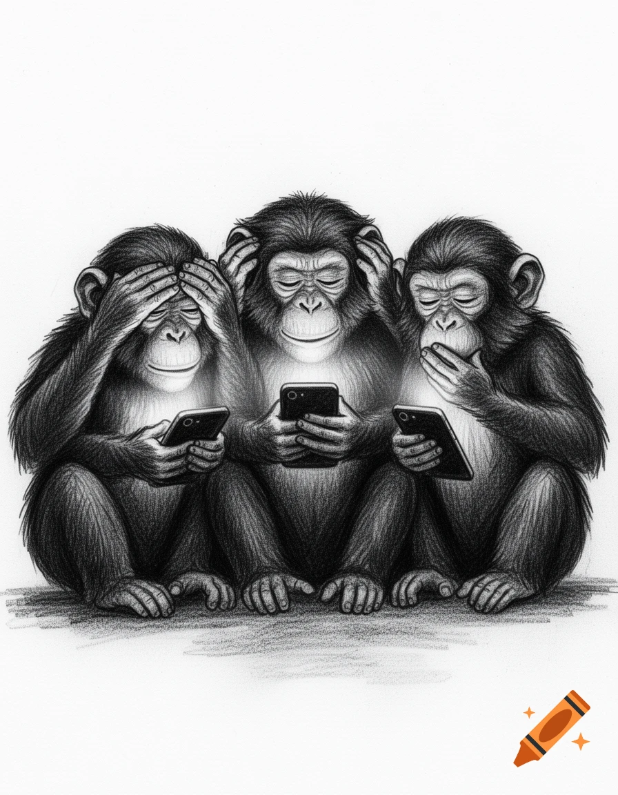 Charcoal sketch of the three wise monkeys holding glowing smartphones.