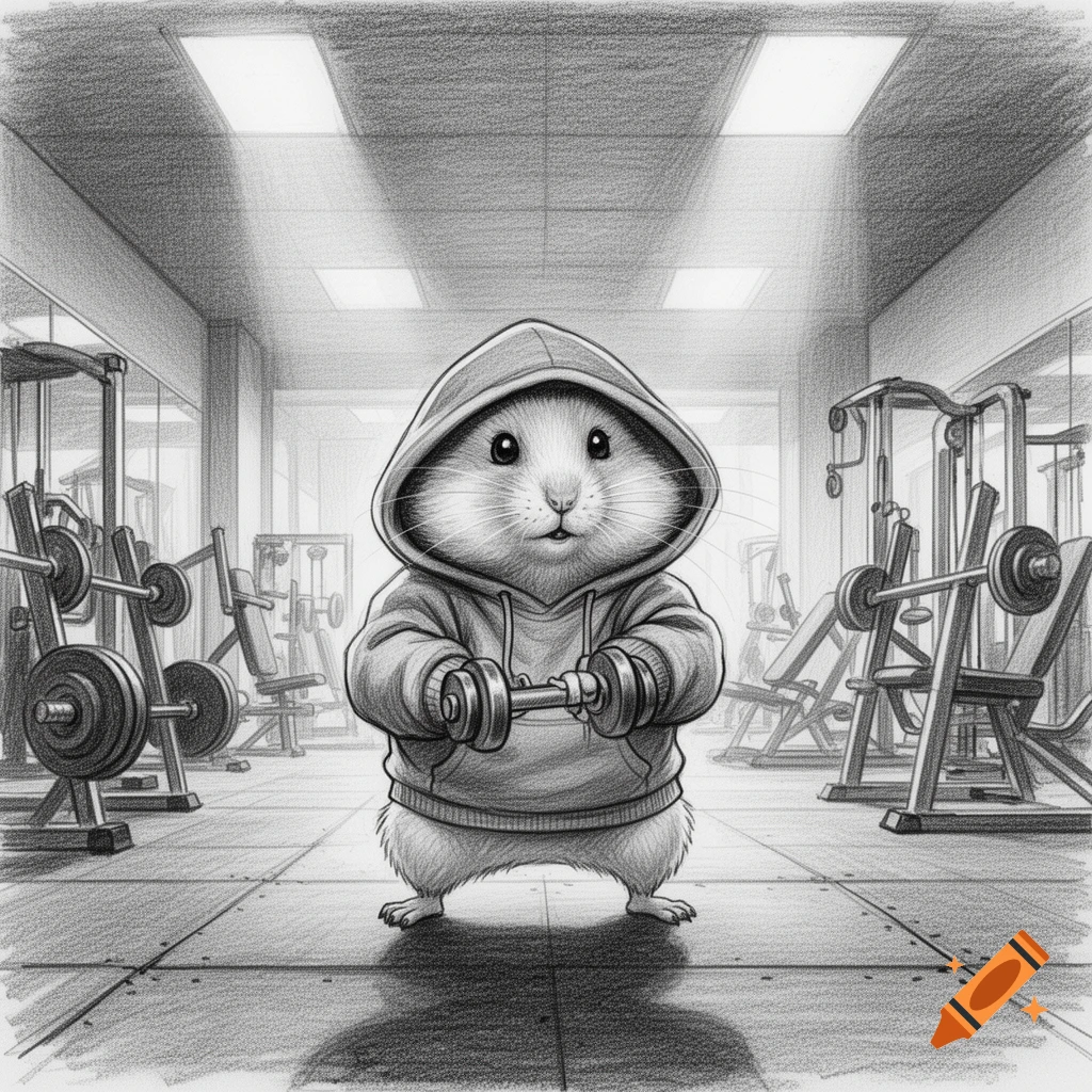Pencil sketch of a cute hamster wearing a hoodie and lifting dumbbells in a gym.