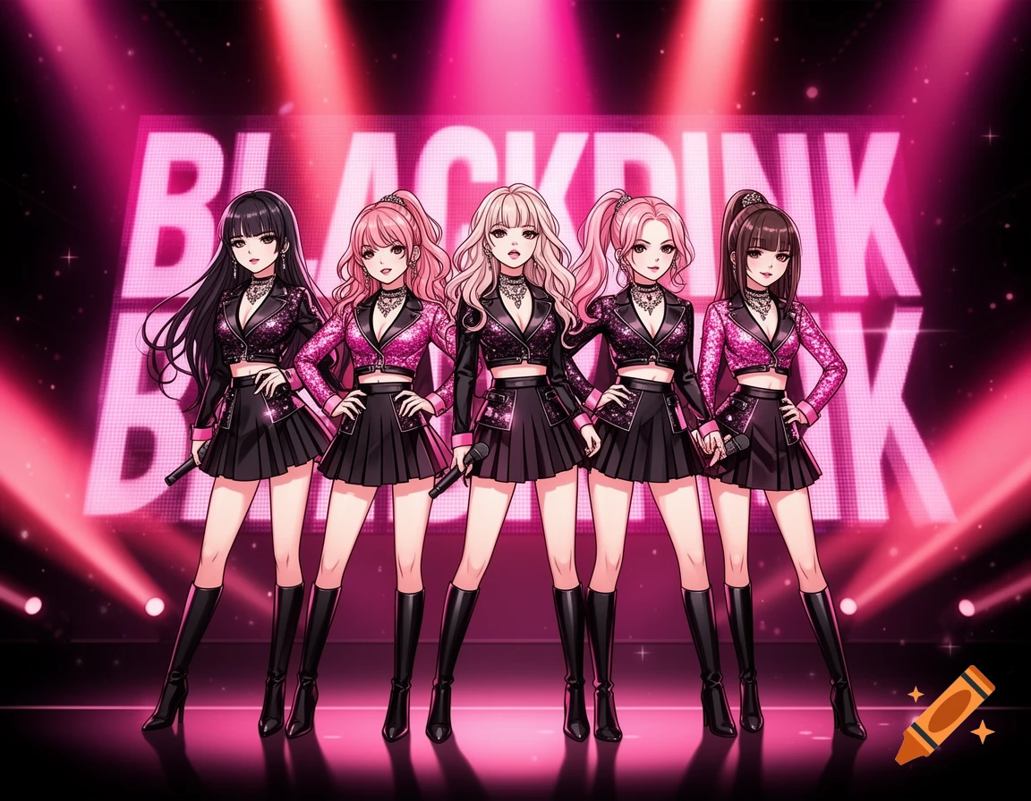 Anime style illustration of five female kpop idols posing on a stage with a large pink background sign.