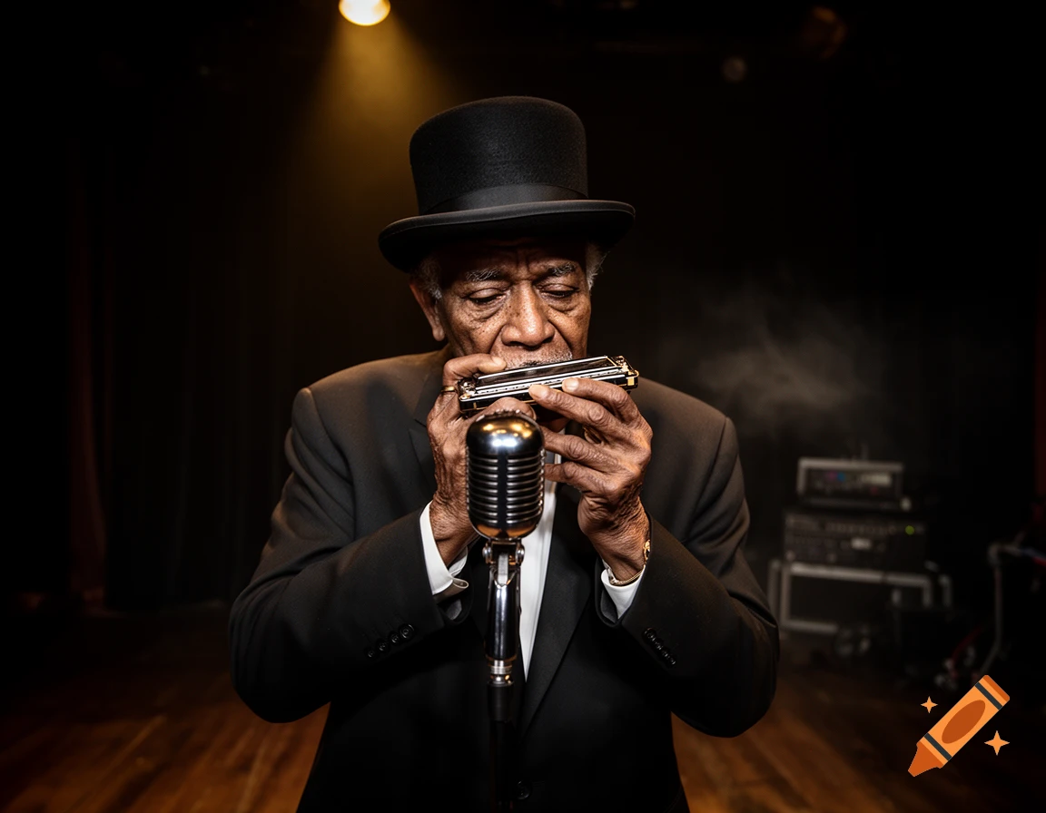 Photorealistic portrait of an elderly bluesman in a black suit and top hat playing a harmonica into a vintage microphone on a dark stage.