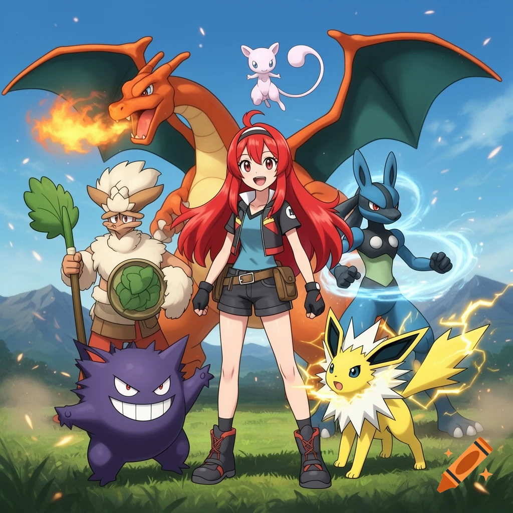 Anime style illustration of a red-haired trainer surrounded by Charizard, Mew, Farfetch'd, Gengar, Lucario, and Jolteon.