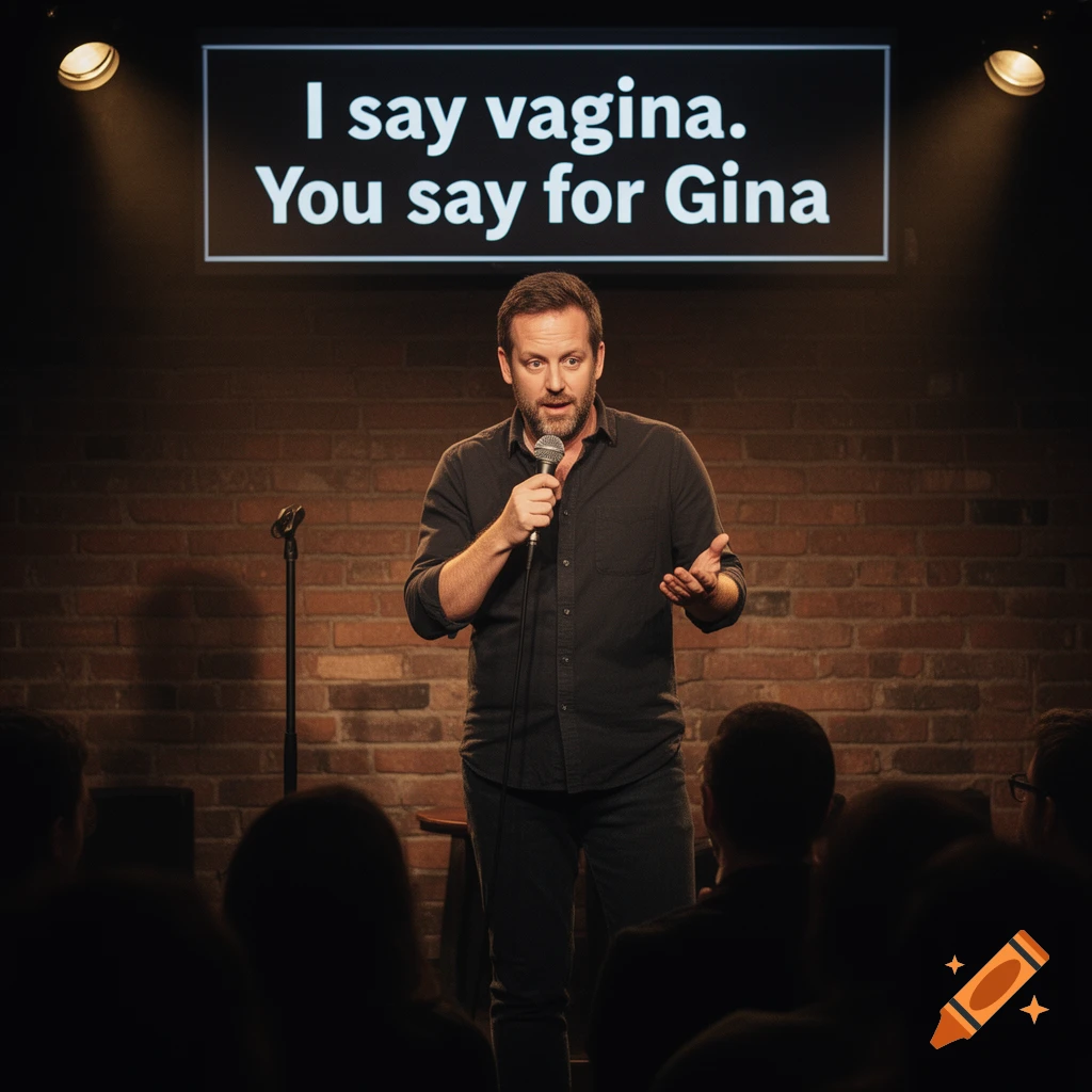 Photorealistic image of a comedian holding a microphone on stage in front of a brick wall, with a sign reading "I say vagina. You say for Gina" above him.
