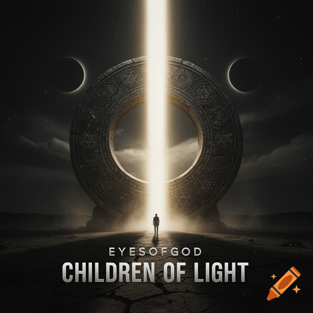 Dark apocalyptic hardstyle music cover art featuring a massive esoteric stone ring with light beaming through and a tiny figure standing below.