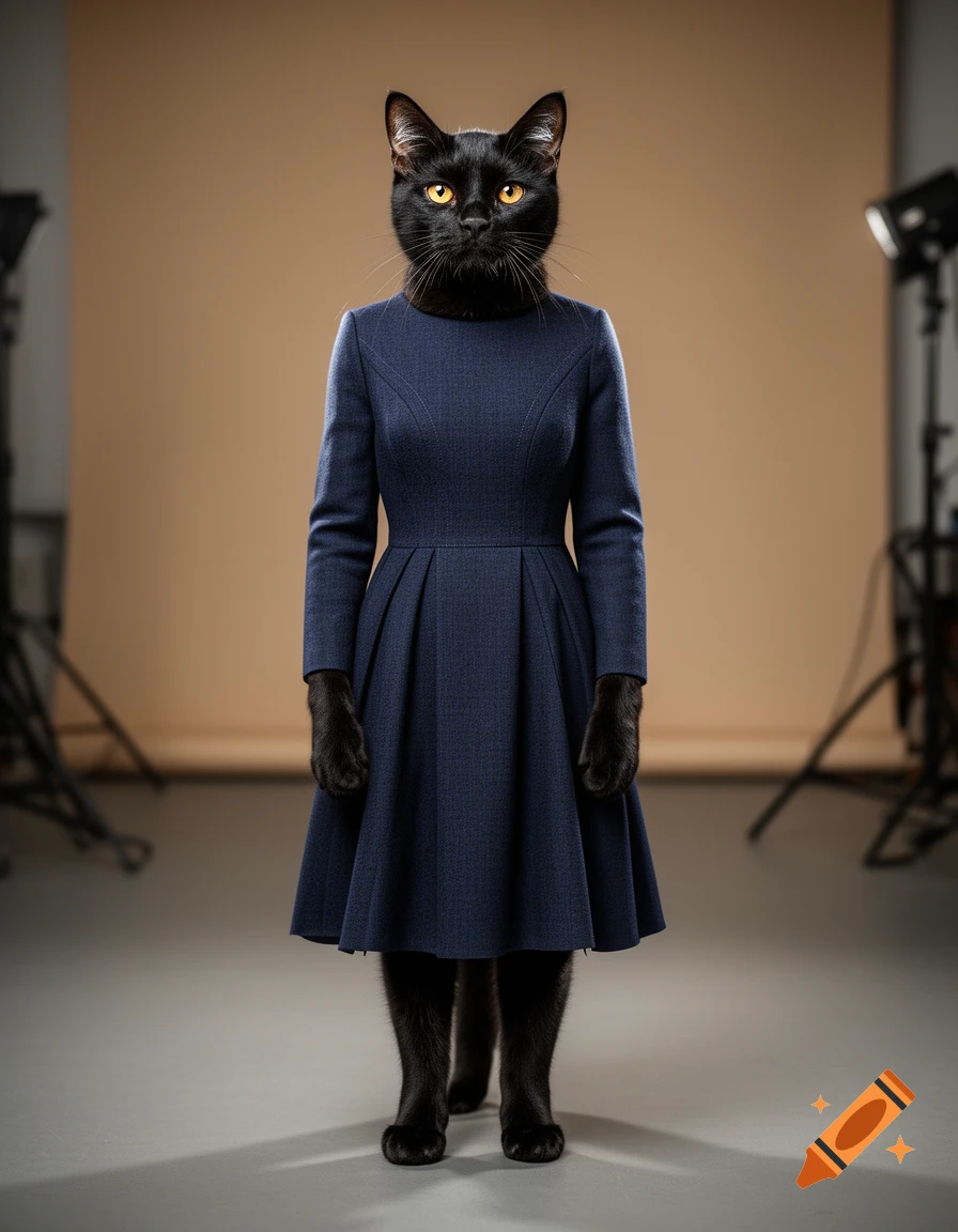 Photorealistic image of a black anthropomorphic cat standing and wearing a blue dress in a photo studio.