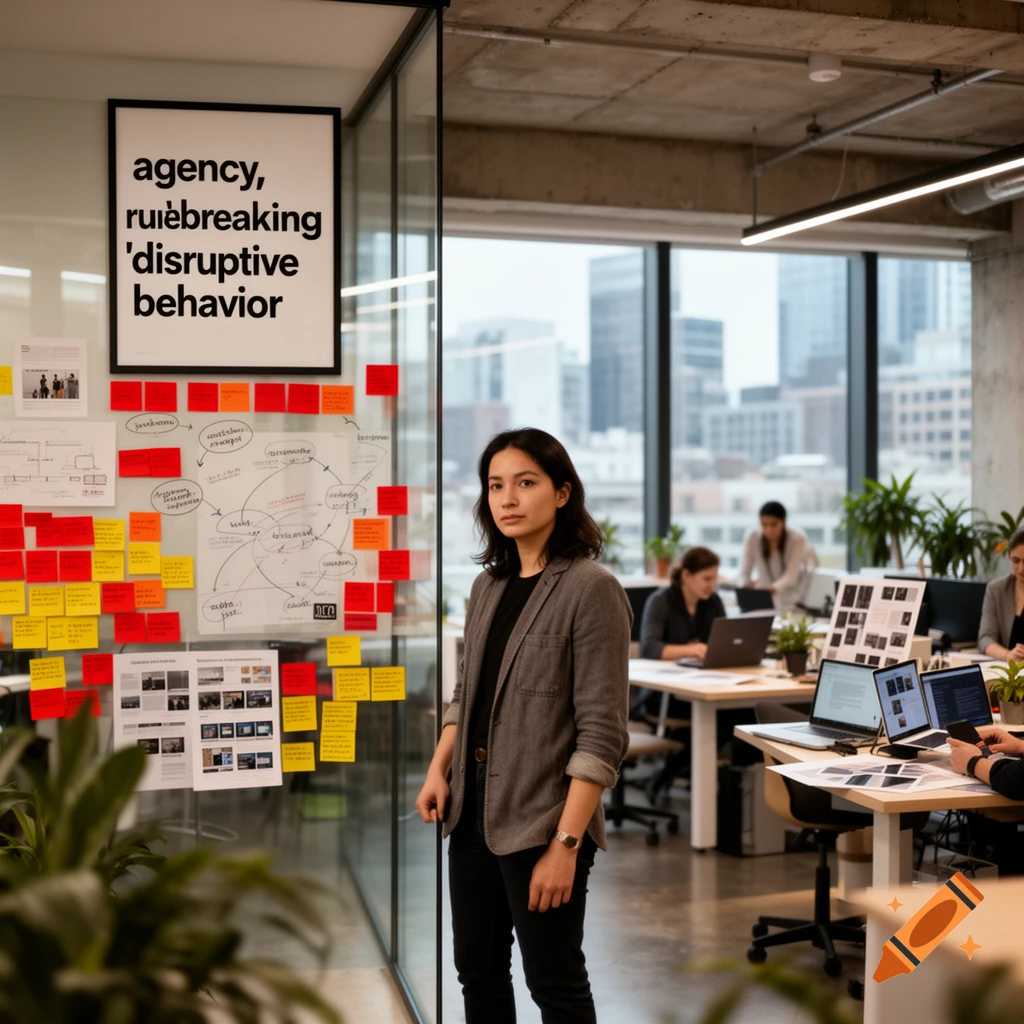 A woman in a gray blazer stands in a modern office with sticky notes on a glass wall.