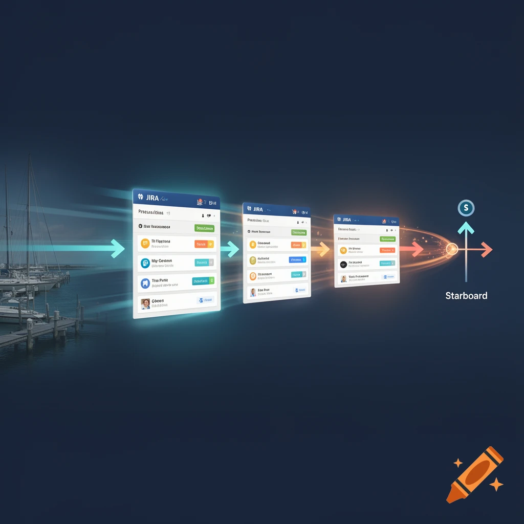 Jira workflow cards floating from a port on the left towards a starboard direction on the right.