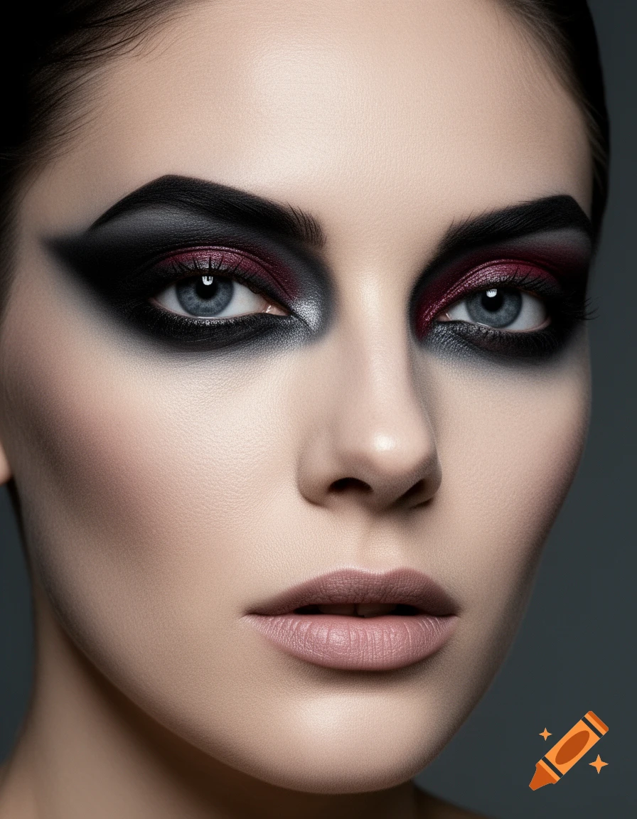 Close-up photorealistic portrait of a woman wearing heavy dark and burgundy death rock eyeshadow.