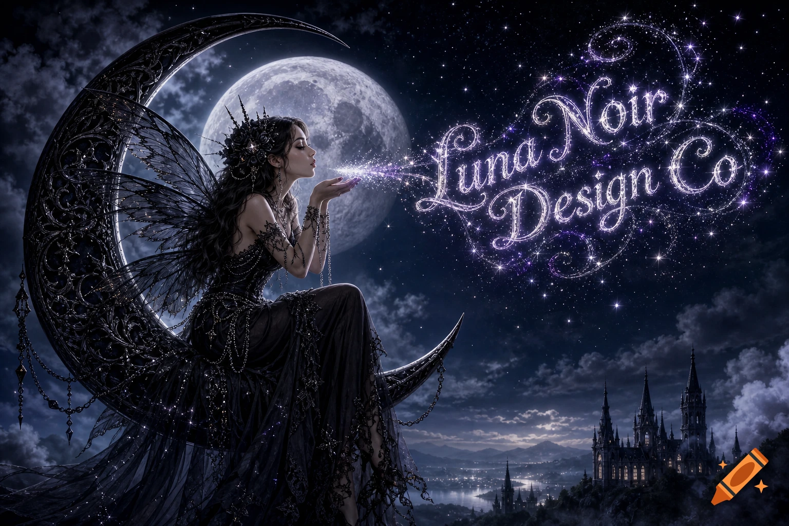 A gothic fairy sitting on a black crescent moon at night, blowing magical sparkling text that reads Luna Noir Design Co.