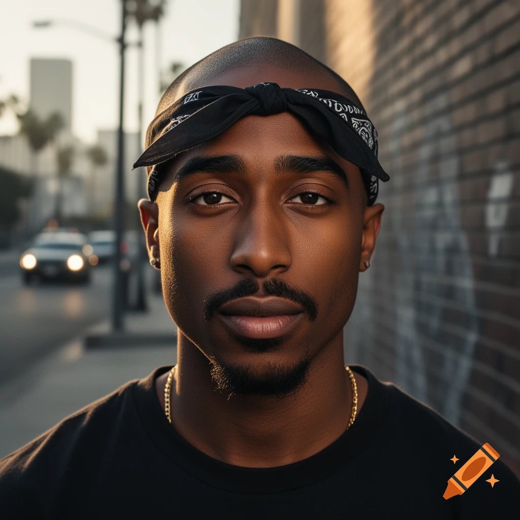 Photorealistic close-up portrait of Tupac Shakur wearing a black bandana and black t-shirt against an urban street background.