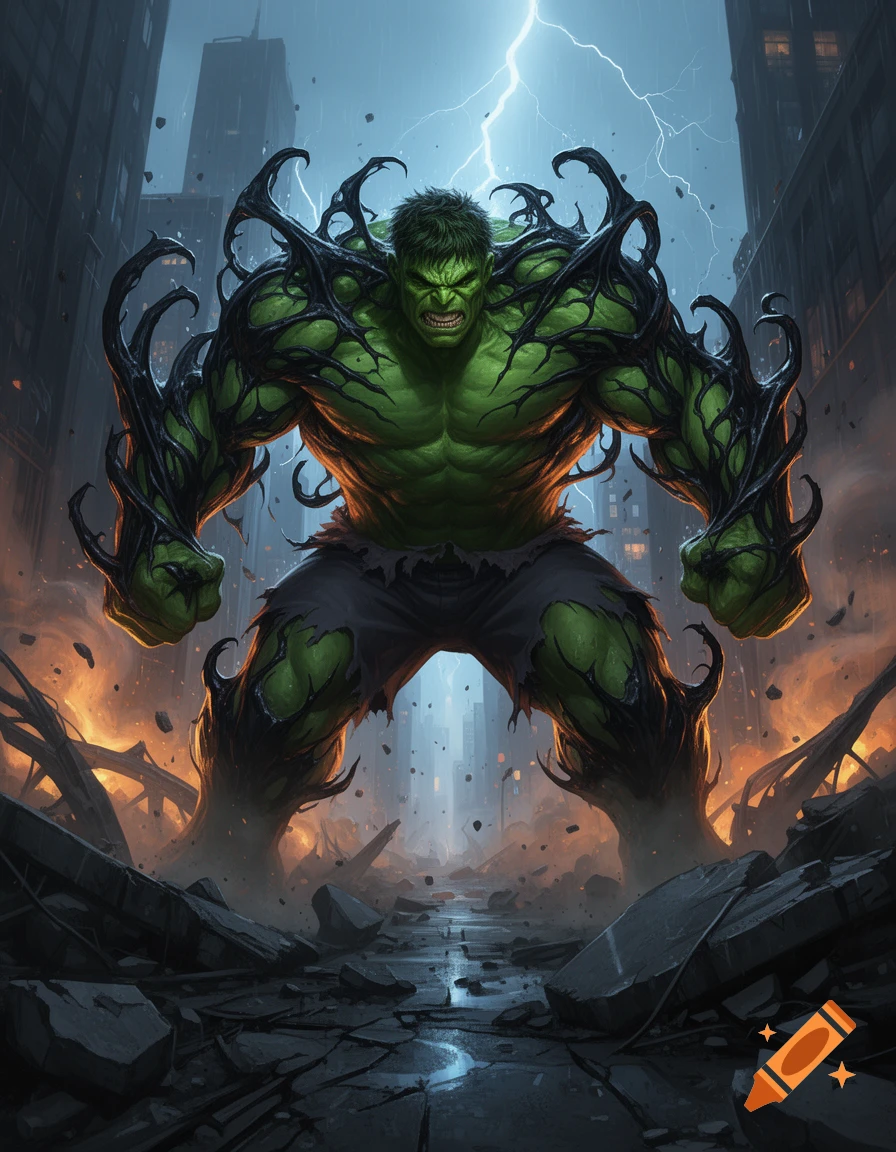 Digital illustration of the Hulk bonded with the symbiote Riot, standing in a destroyed city street amidst rubble during a thunderstorm.