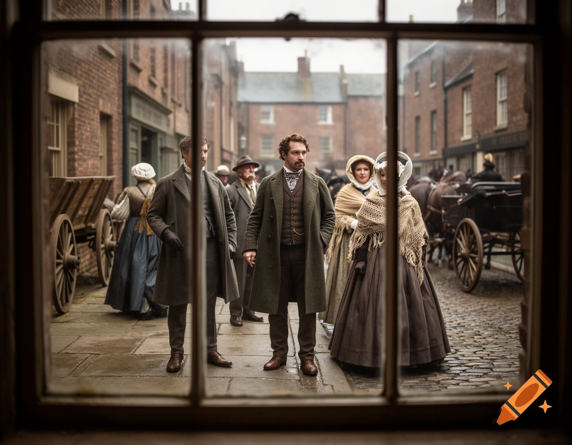 People in 1860-era attire standing on a cobblestone street viewed through a window, photorealistic style.