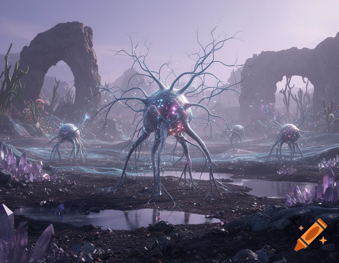 Surreal alien landscape with neuron-like creature forms, crystalline ground formations, and stone arches under a hazy purple sky.