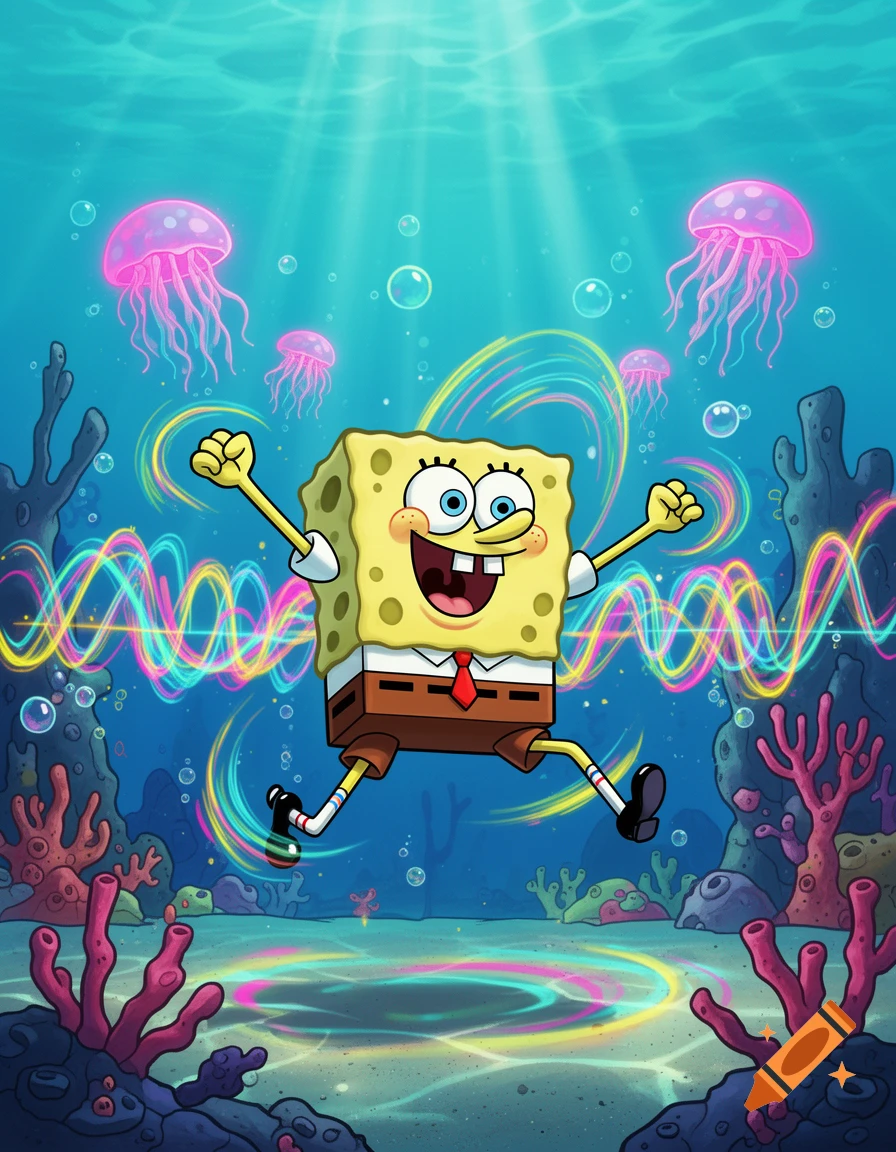 SpongeBob SquarePants dancing underwater with glowing jellyfish and colorful sound waves in a cartoon style.
