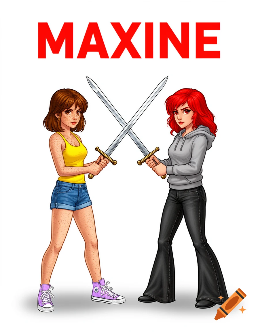 Digital illustration of two stylized young women with swords crossed, with the text MAXINE above on a white background.