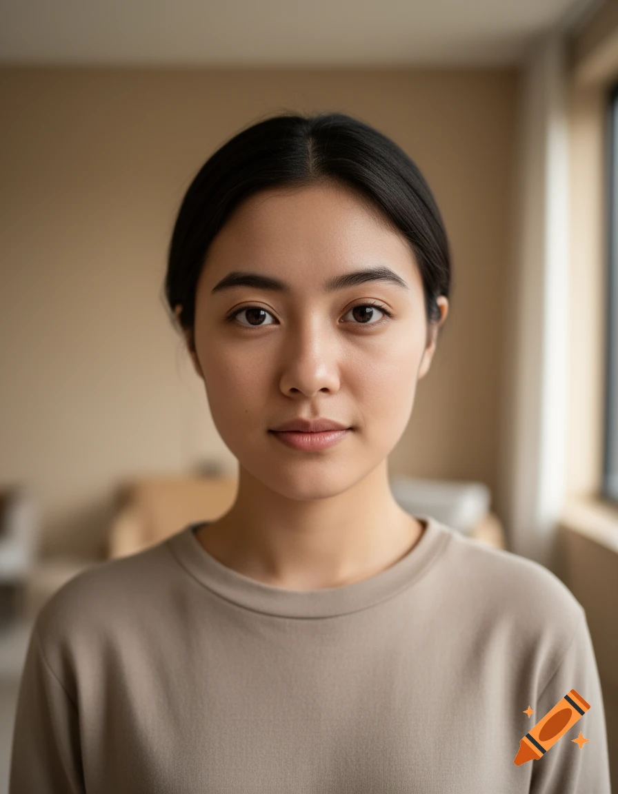 Photorealistic close-up portrait of a young woman with dark hair and a neutral expression in a softly lit room.