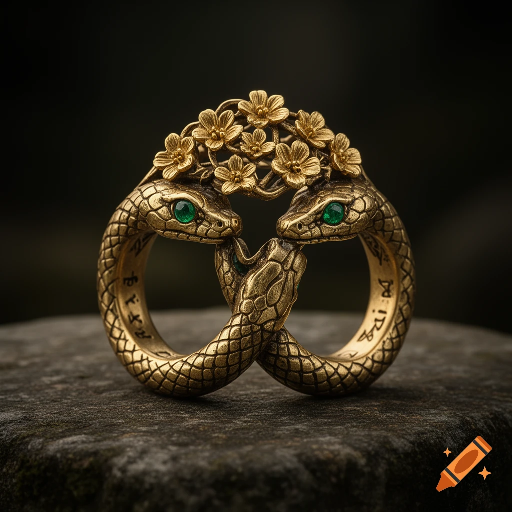 Photorealistic golden ring featuring two intertwined serpents with emerald eyes and a crown of flowers, resting on stone.