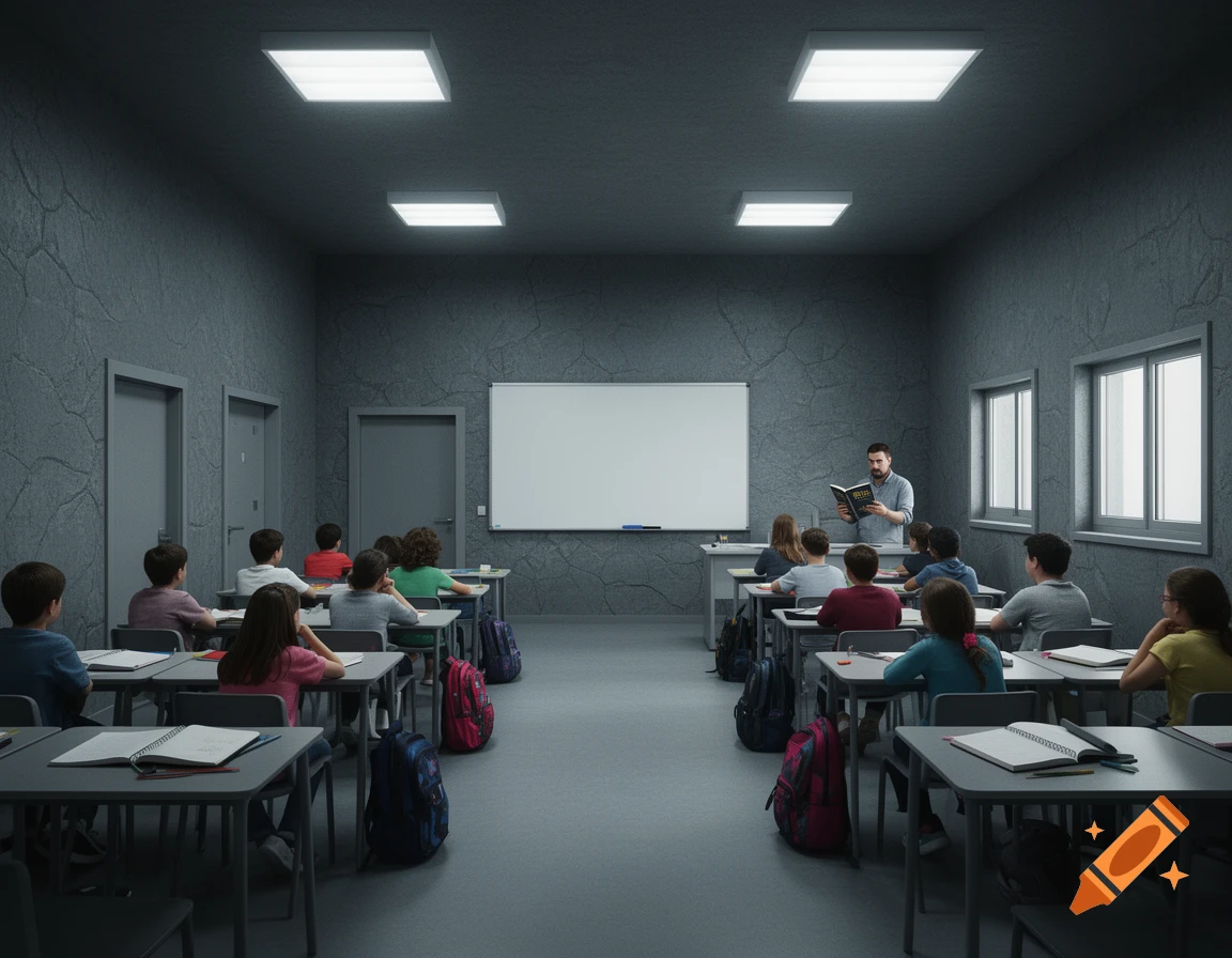 Classroom with students sitting at desks facing a whiteboard and teacher holding a book, photorealistic.