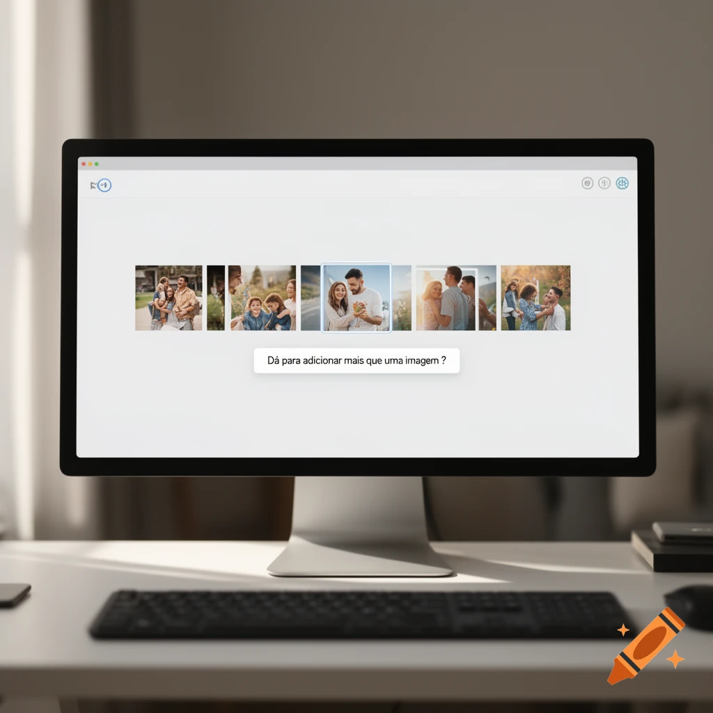 A computer monitor displaying a family photo gallery with a Portuguese prompt on screen, sitting on a desk with a keyboard.
